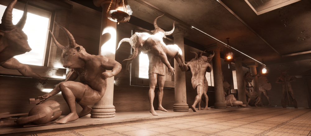 A series of fantasy sculptures of mythological creatures with horns and animal features, lined up in a row inside a room with columns and windows.