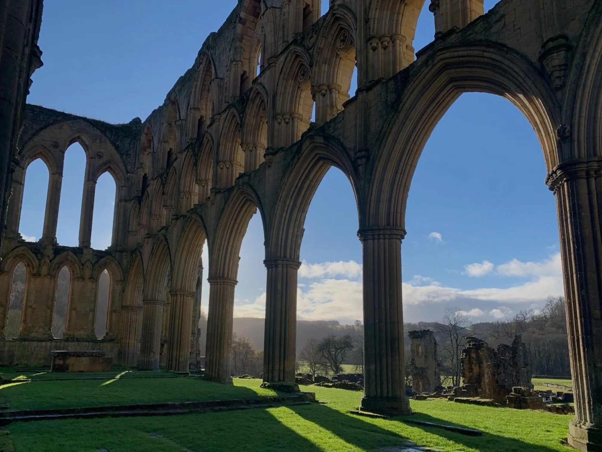Ruins of an ancient Gothic-style stone cathedral with tall arches and columns, with a grassy field and some trees in the background under a partly cloudy sky.