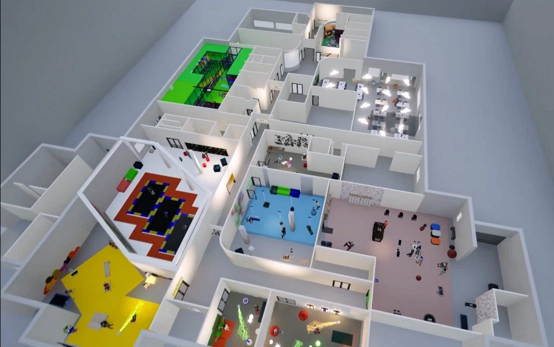 A 3D floor plan of a recreational facility with various activity rooms, including trampolines, workout areas, and game rooms.