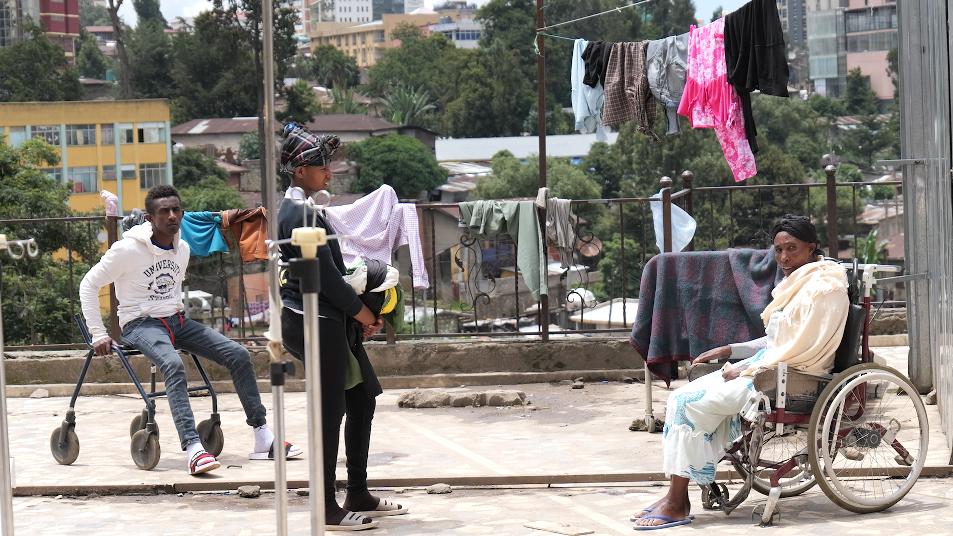 Ethiopian patients waiting on top of a hospital in with wheelchairs in Addis Ababa.