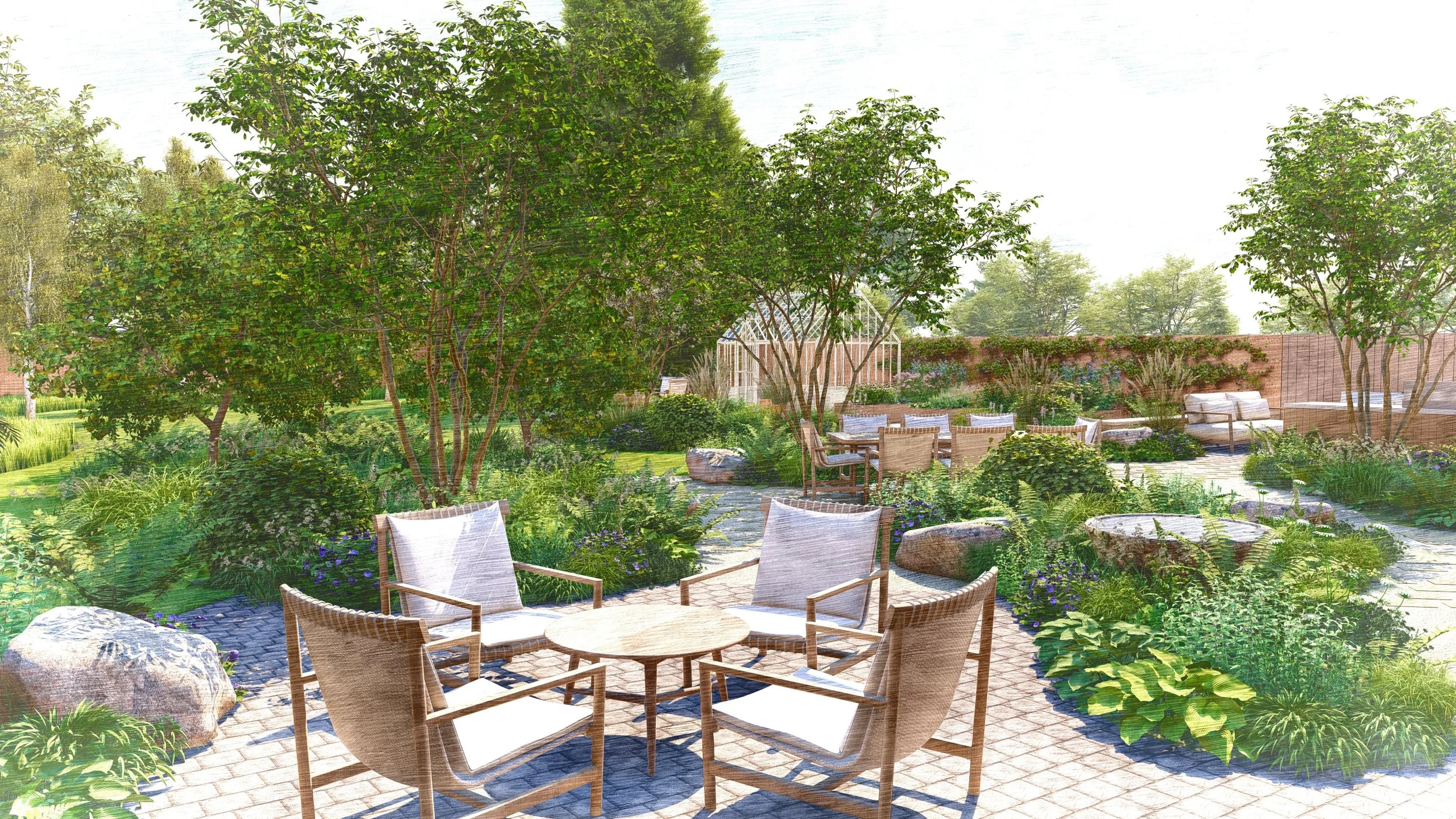 Wildlife-friendly garden with dense planting, topiary, and multi-stem trees for depth