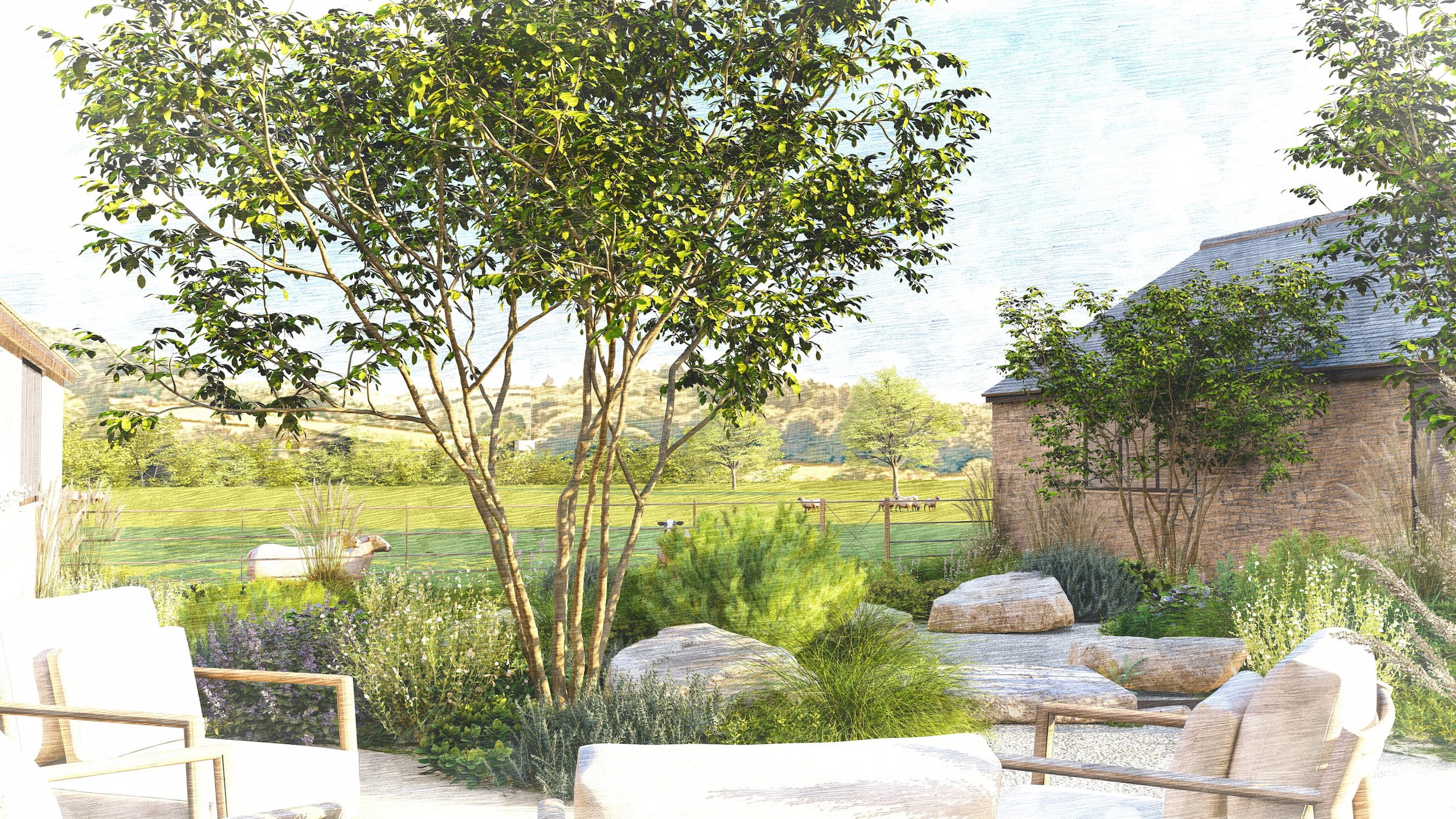 Garden opening to sheep fields with reclaimed stone, site-found rocks, and pastoral views