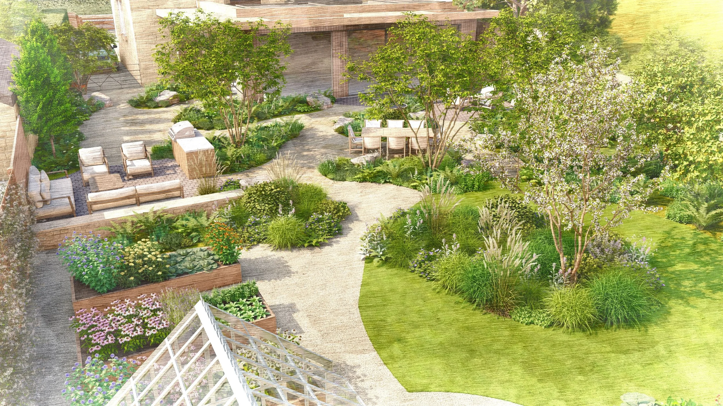 Garden paths winding through immersive planting connecting house, landscape, and nature