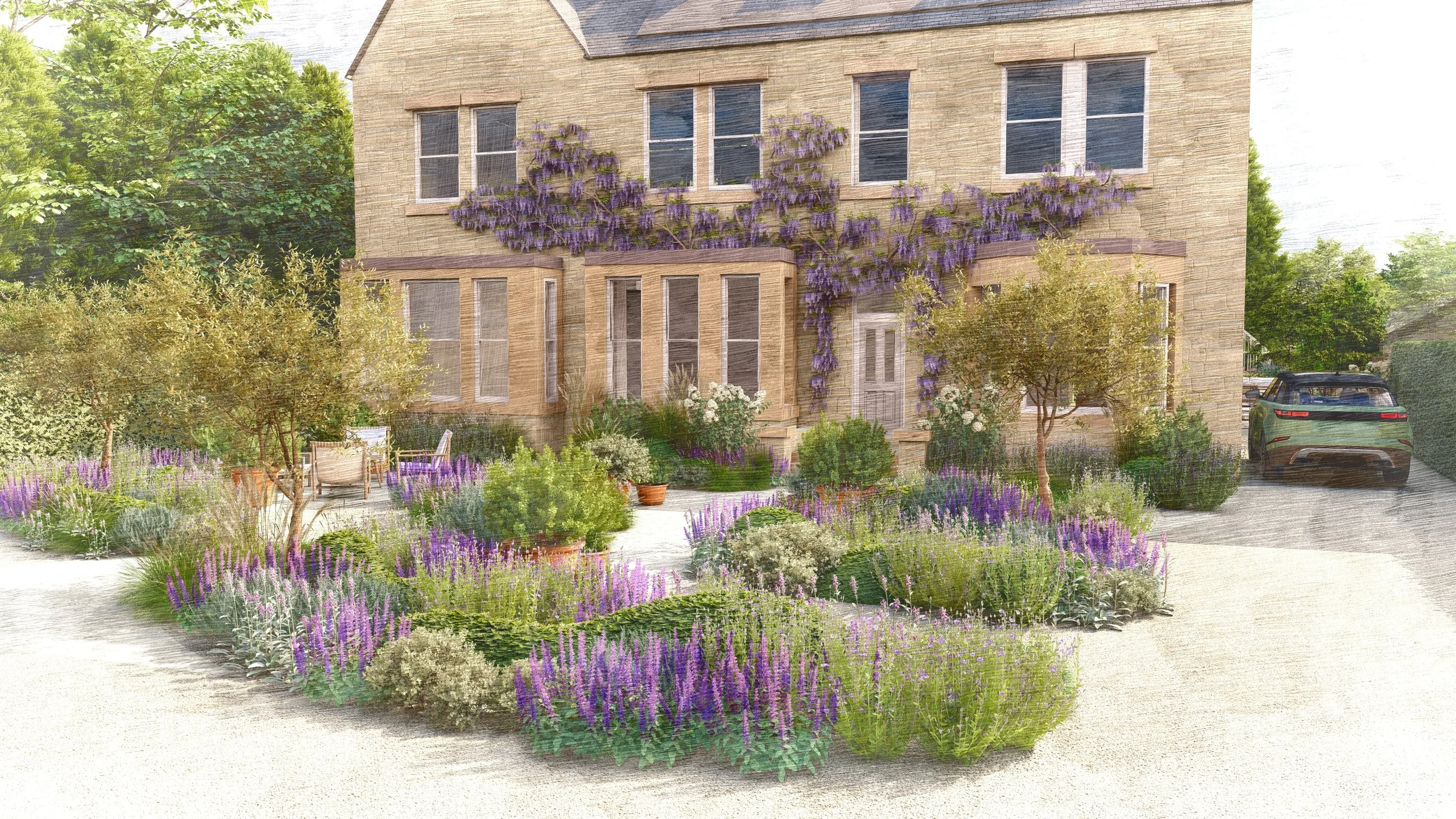 Front garden with purple and white Mediterranean plants, olive trees, outdoor seating, and a water feature, in front of a historic Georgian house with flowering wisteria and gravel garden, Leeds, West Yorkshire, by George William Flynn