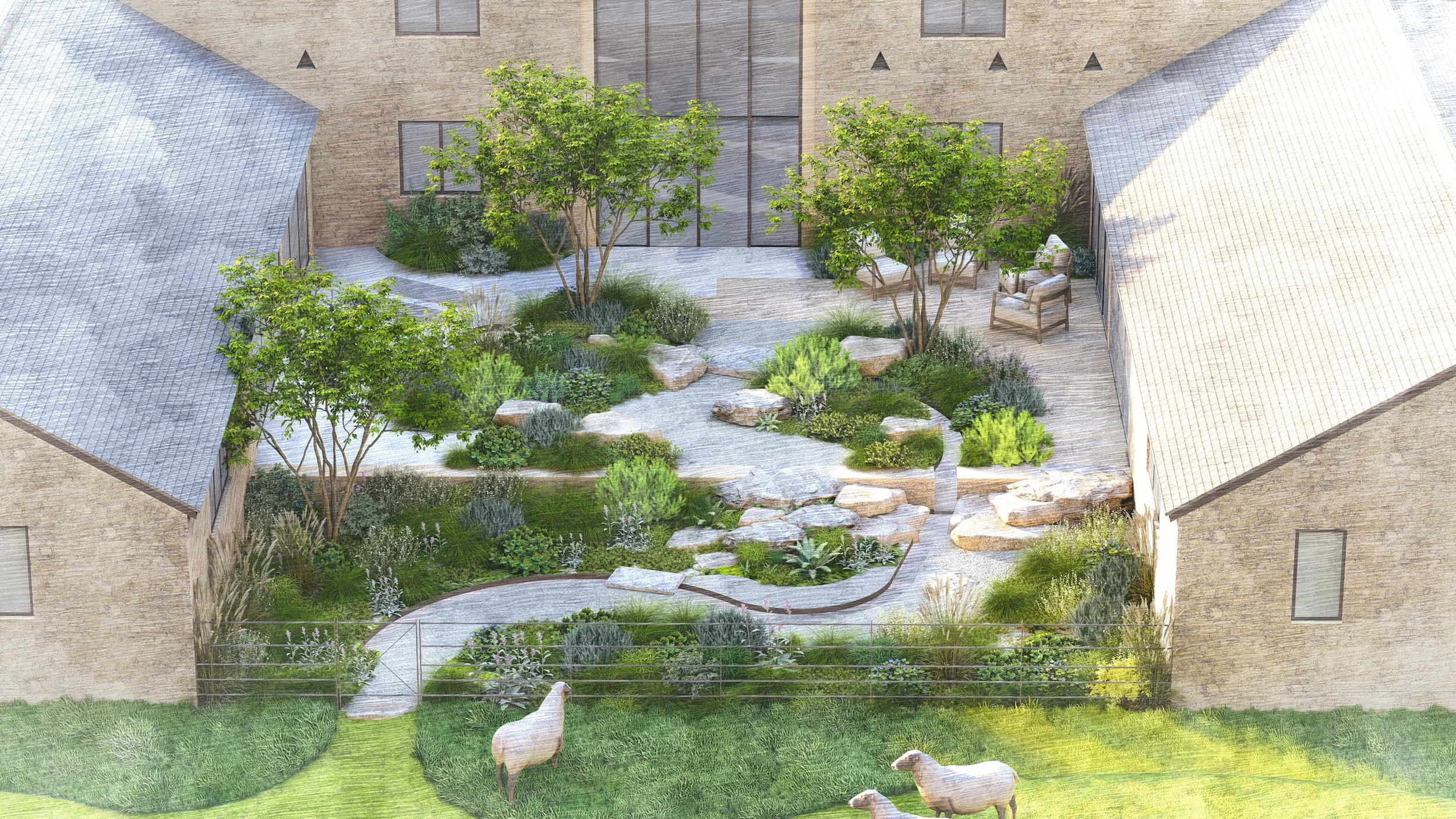 Family-friendly courtyard with natural stone paths, native trees, and wilder, playful planting