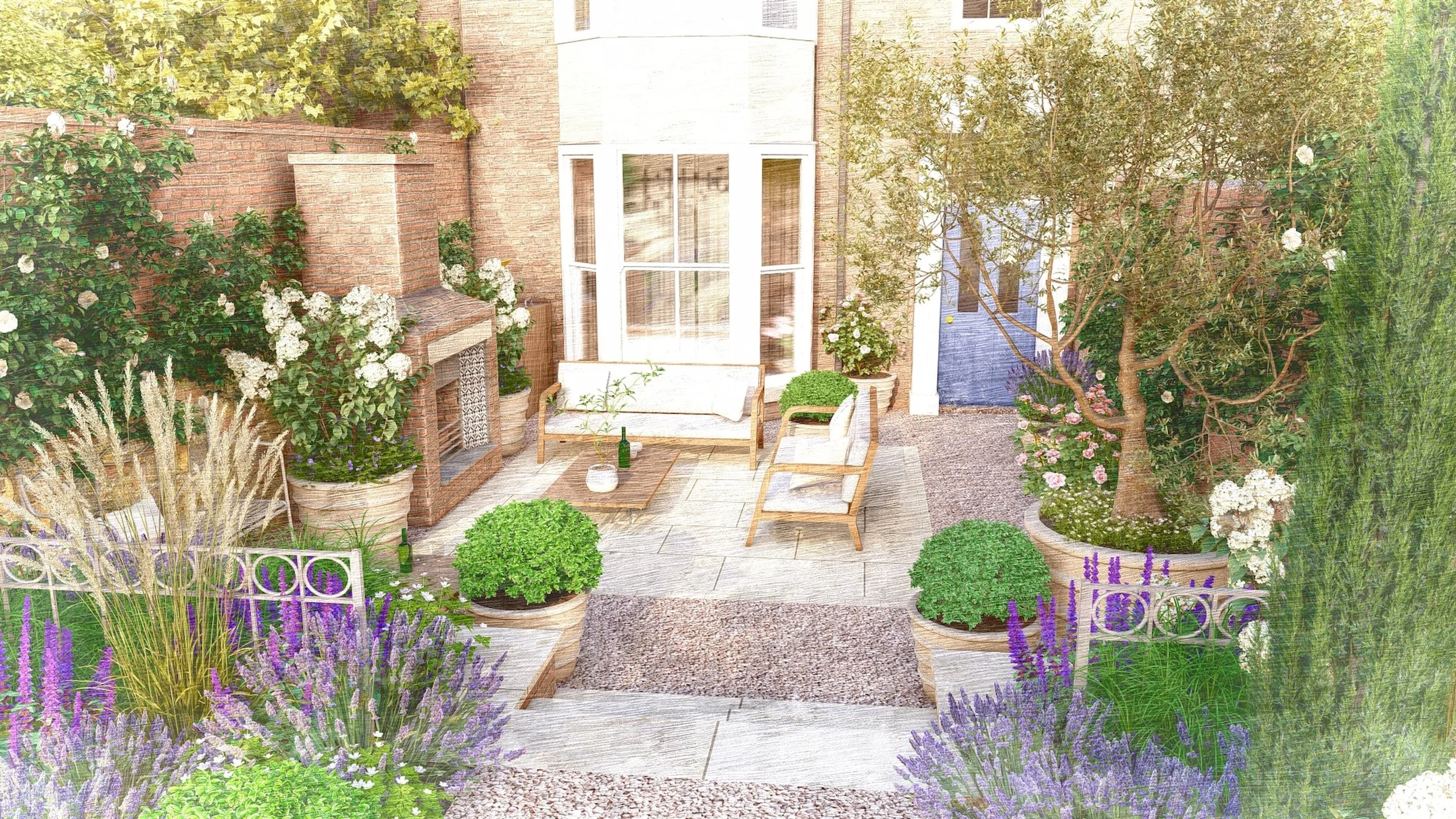 Seating patio in Mediterranean garden with olive trees and gravel patio