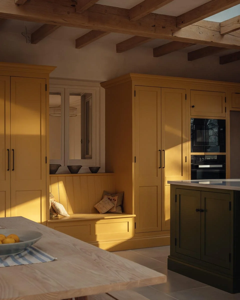 Elegant kitchen with evening light, colours reflected in planting scheme