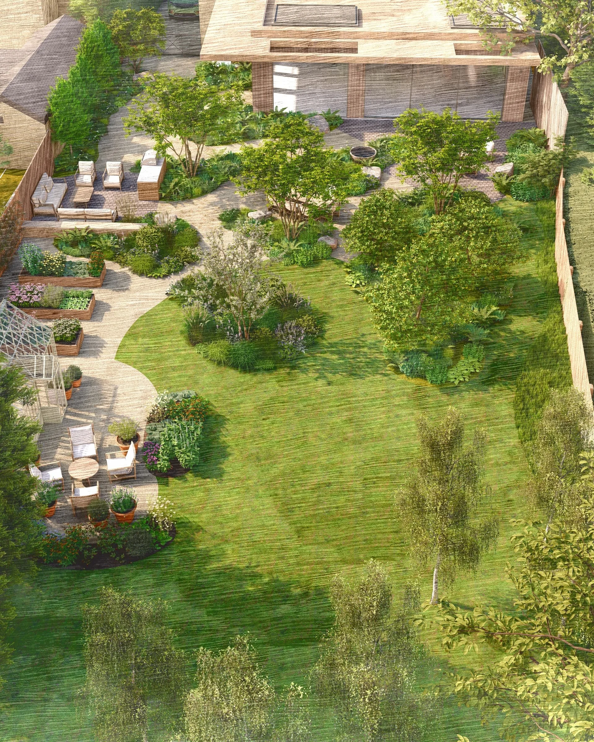Immersive garden surrounding a period property with a striking new rear extension