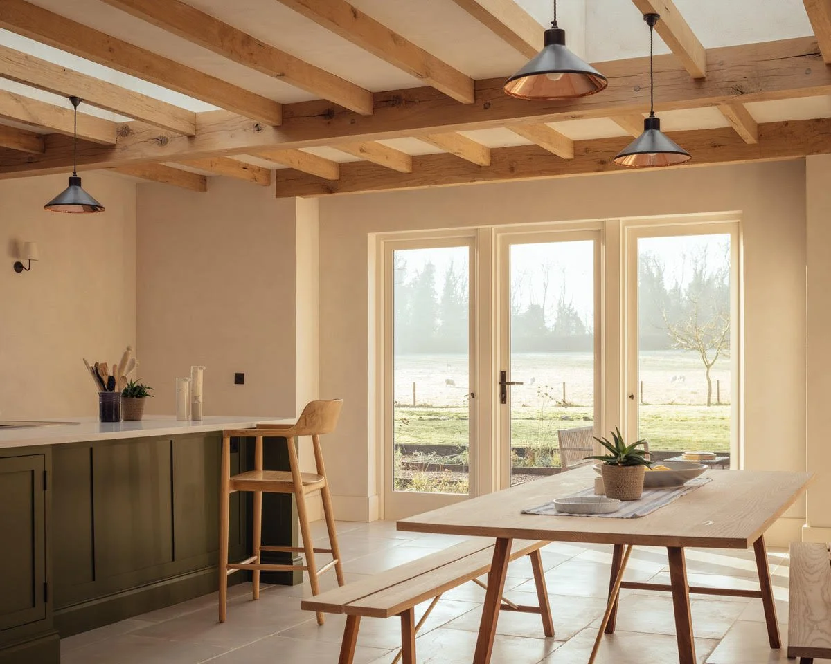 Open-plan kitchen with island, natural light, and seamless indoor-outdoor flow