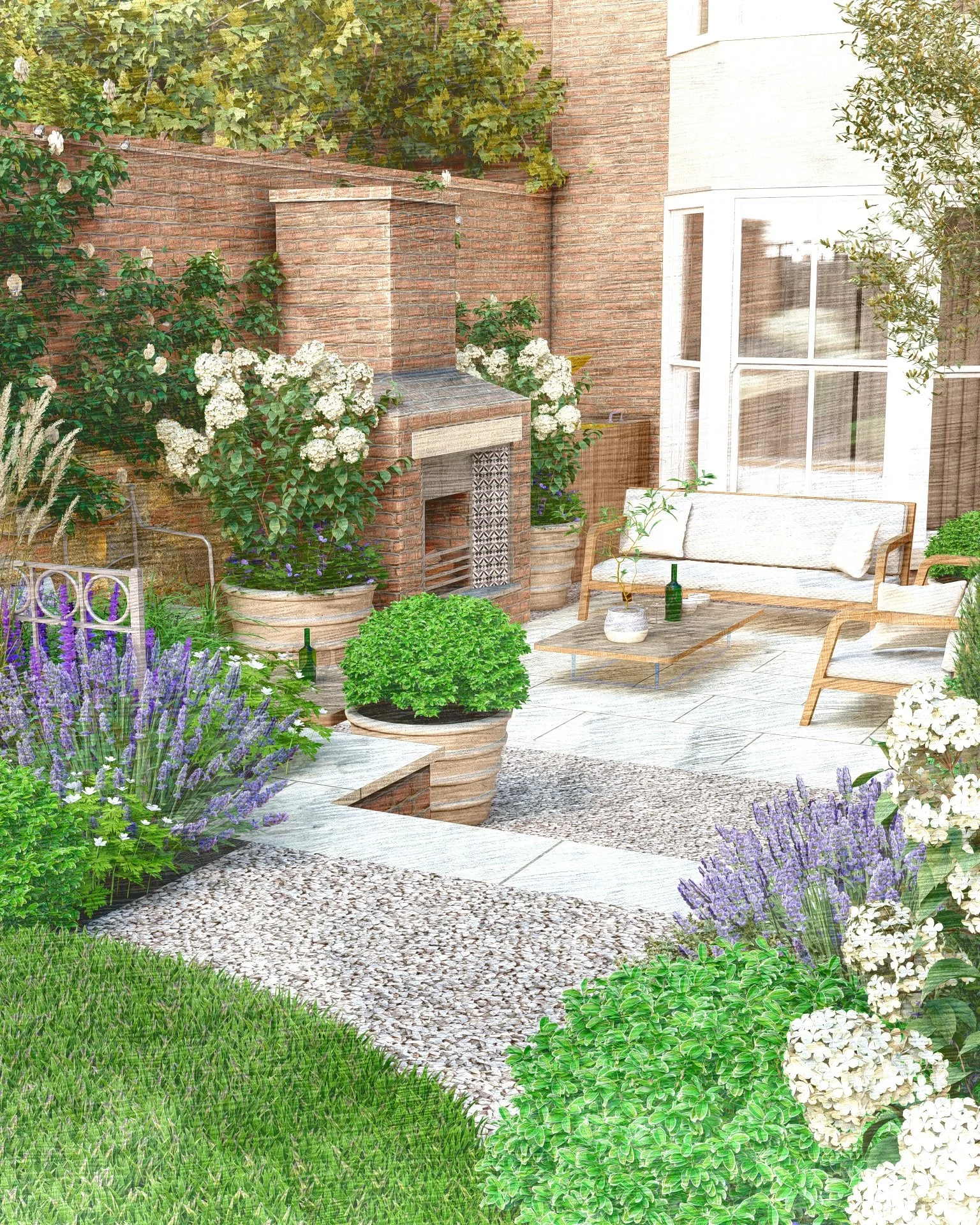 Rustic brick fireplace in Mediterranean garden with Hydrangeas and limestone patio