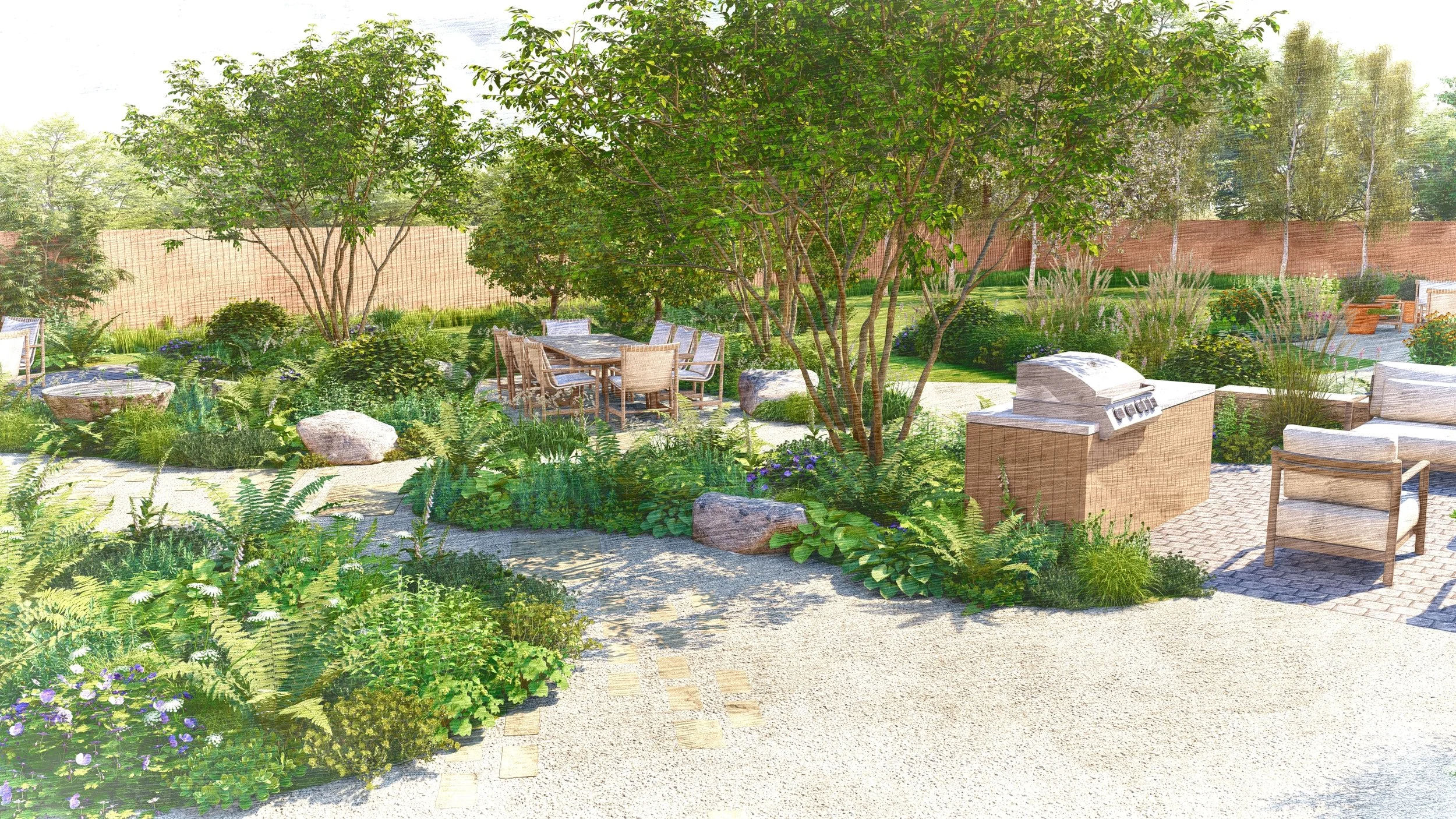 Secret garden with shaded areas and subtle movement created by diverse planting layers