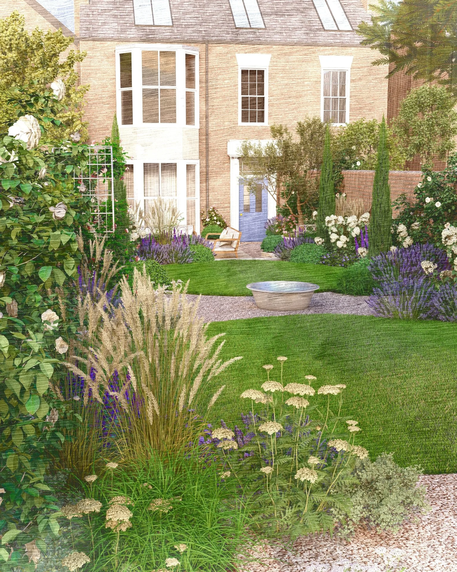 Mediterranean patio with terracotta tiles, olive trees, and gravel borders