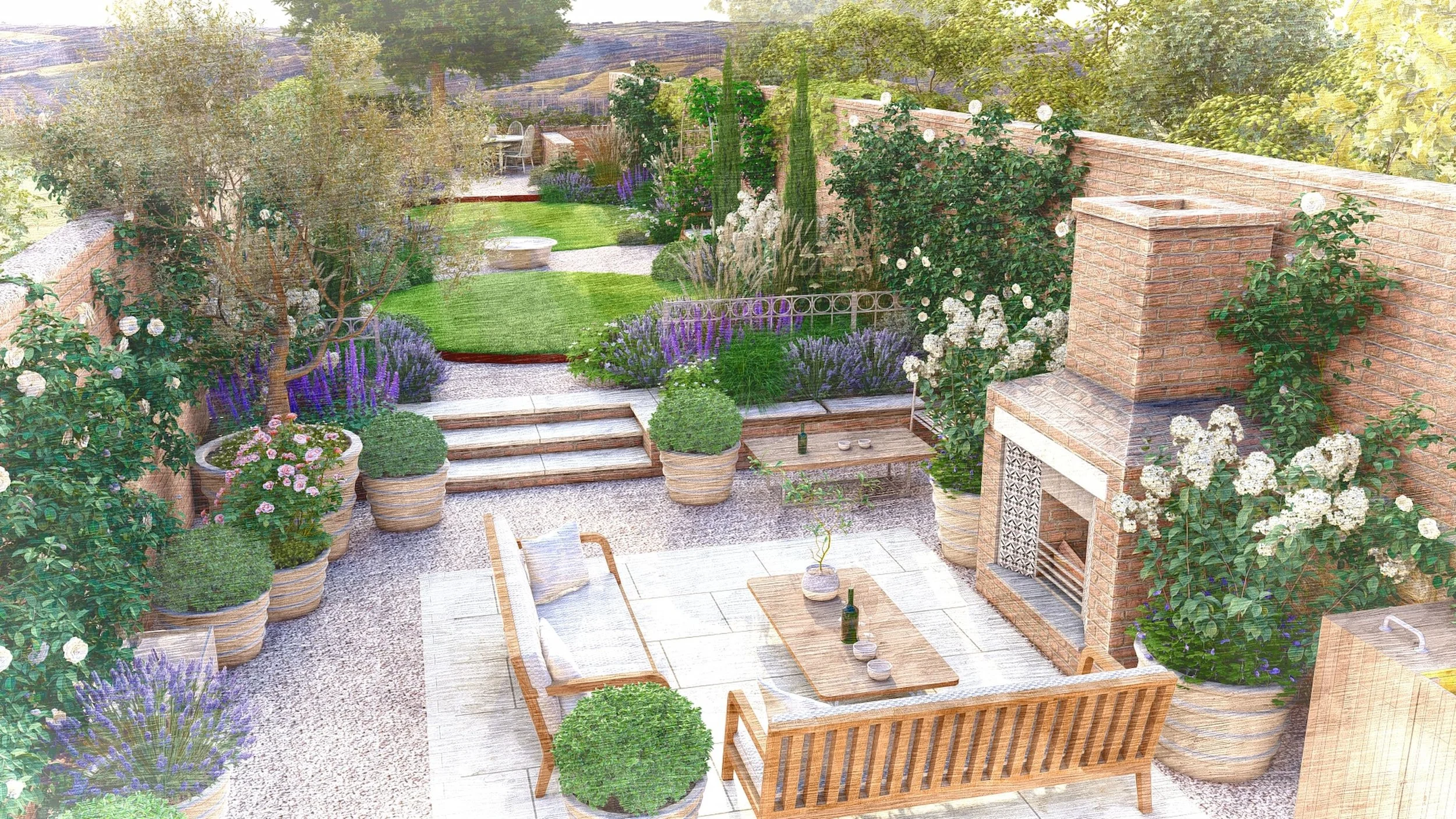 Seating area around a rustic stone fireplace with potted lavender and rosemary