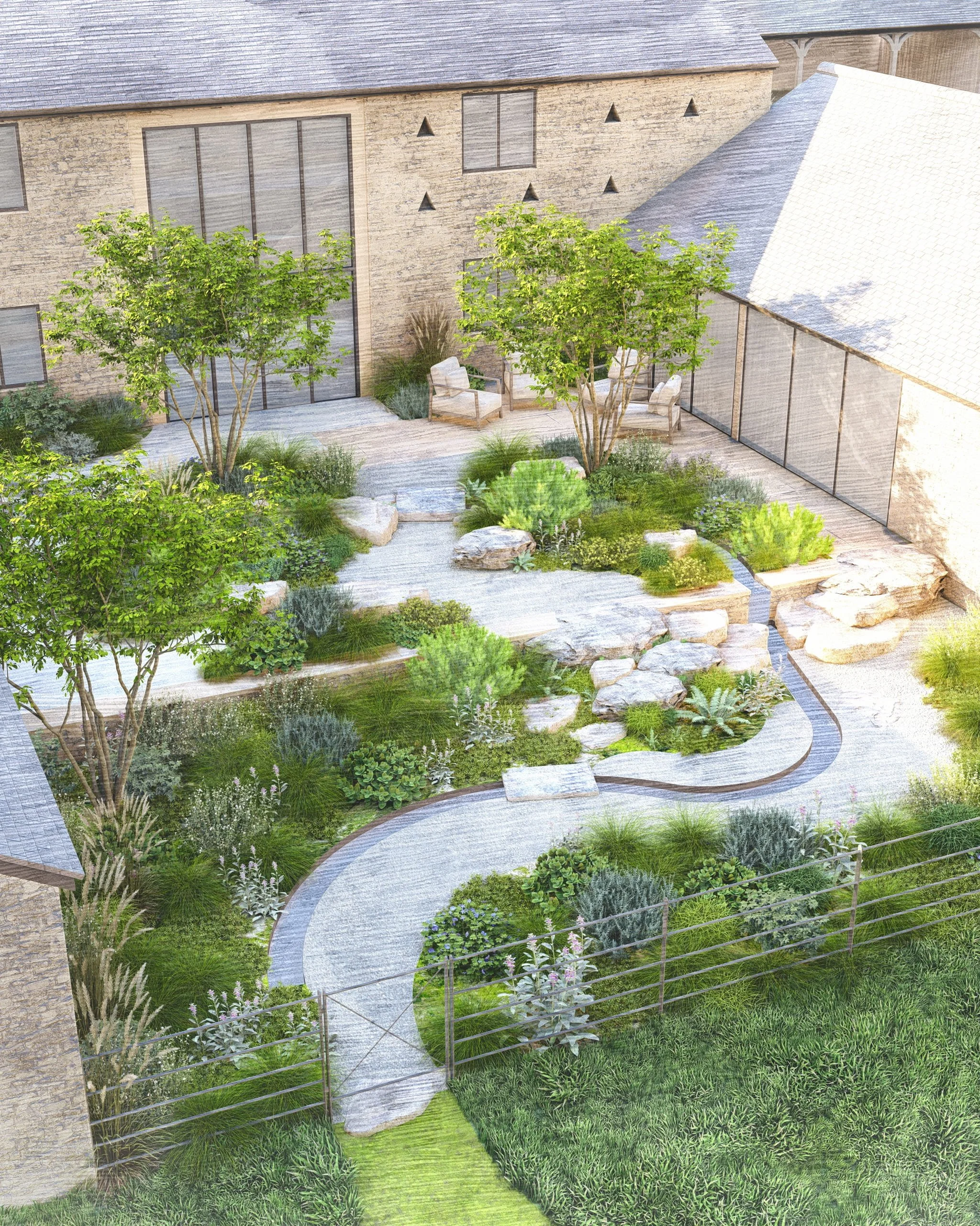 Shropshire courtyard with seating areas, naturalistic stream, bridges, and pioneer planting