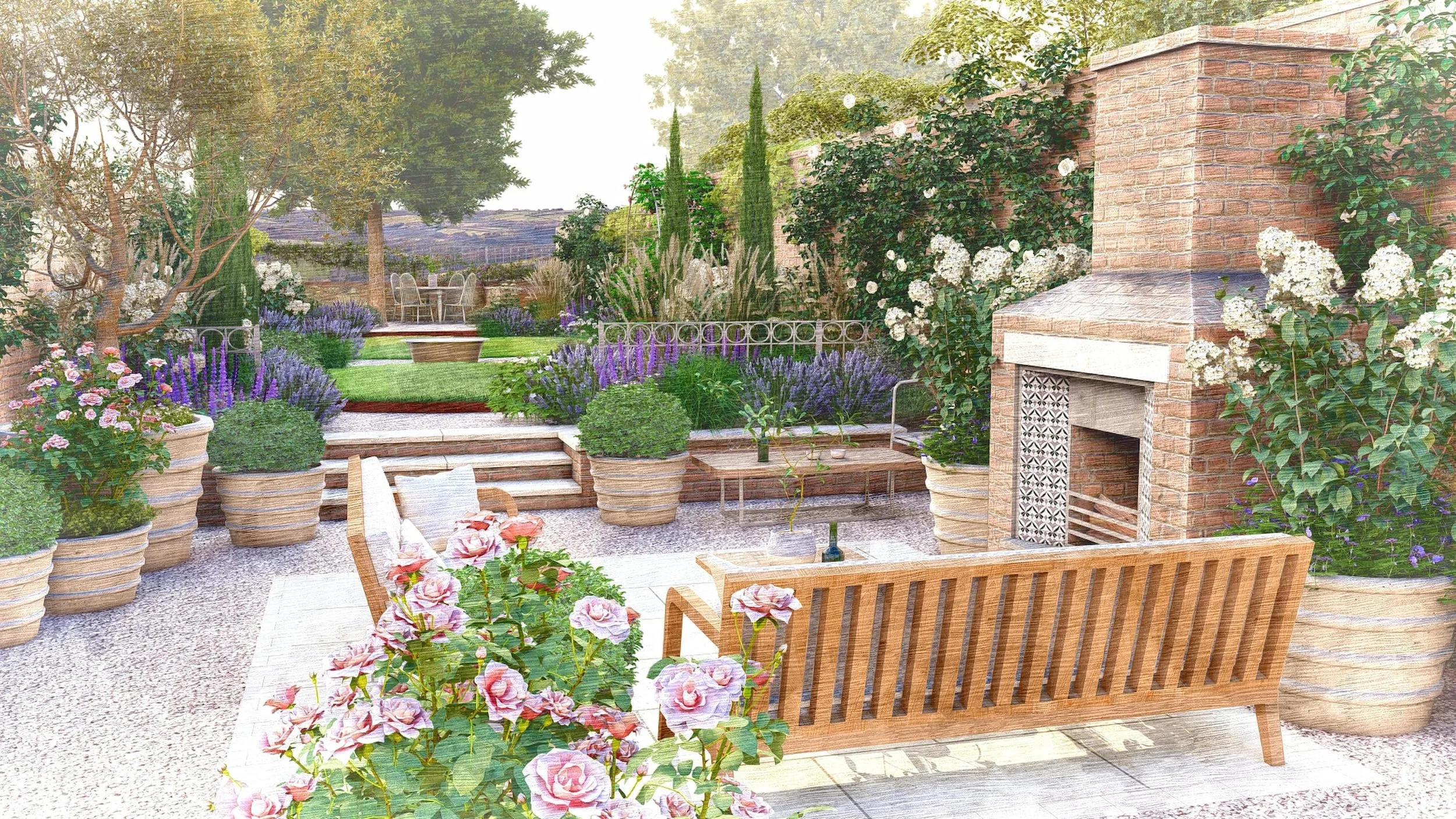 Rustic stone fireplace in a Mediterranean garden with olive trees and gravel patio