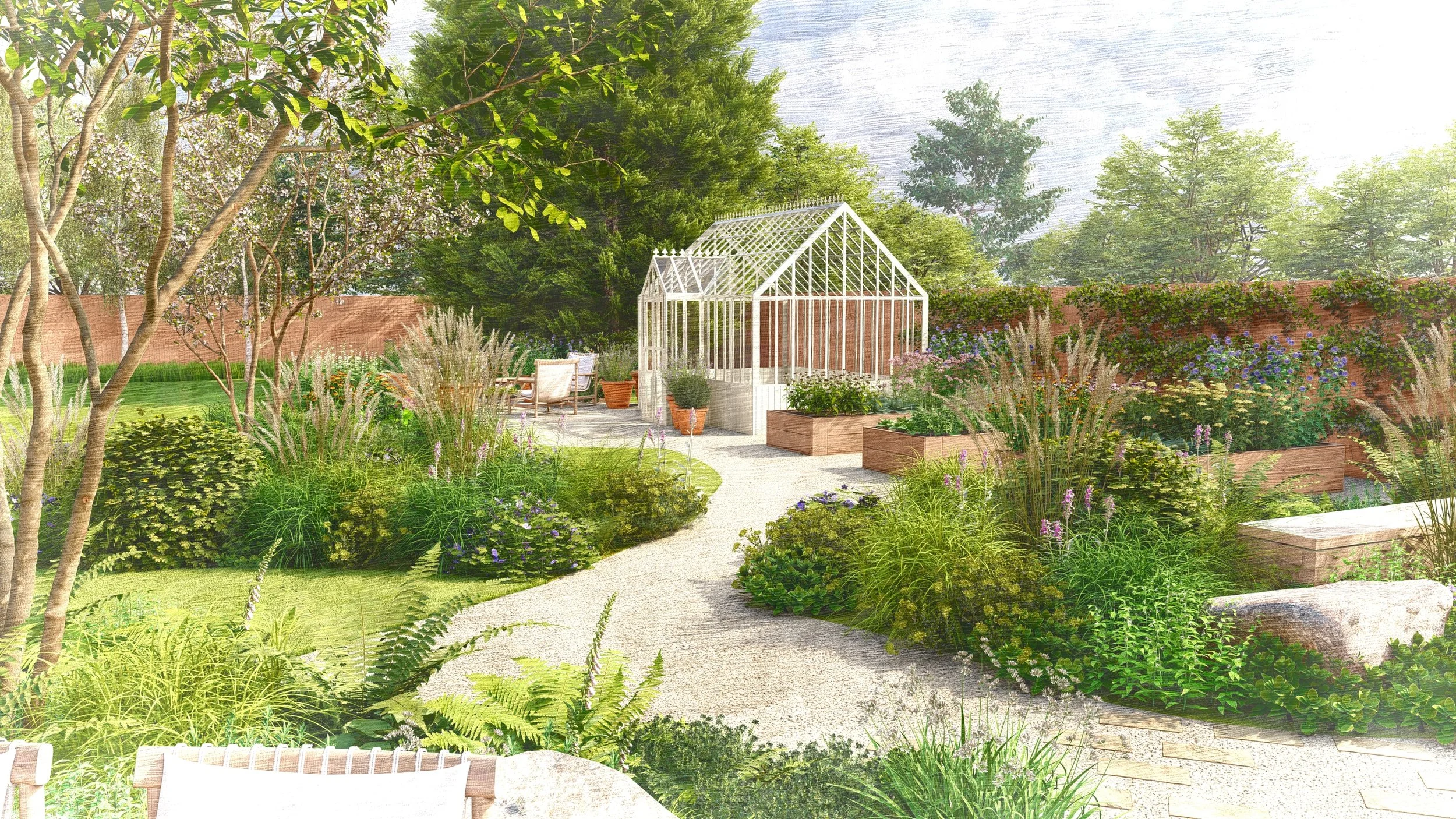 Shaded corners and layered greenery offering a peaceful retreat and greenhouse