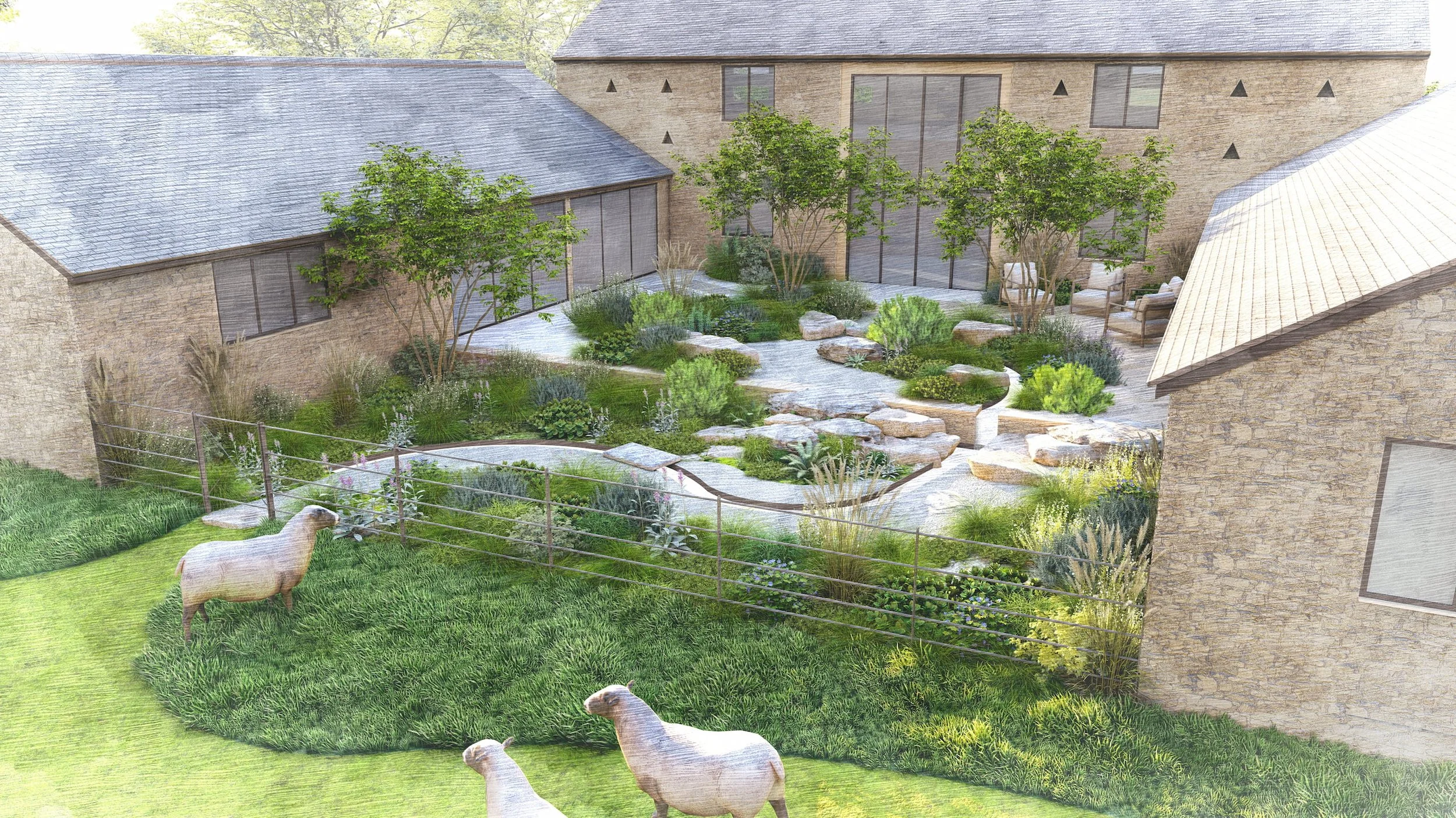 Waterfall and gentle stream in Shropshire Hills-inspired garden with pioneer planting and native trees