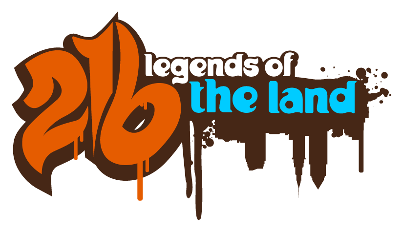 Logo with stylized orange number 26, brown graffiti-style splatters, and the text 'legends of the land' with 'legends of' in white and 'the land' in blue.