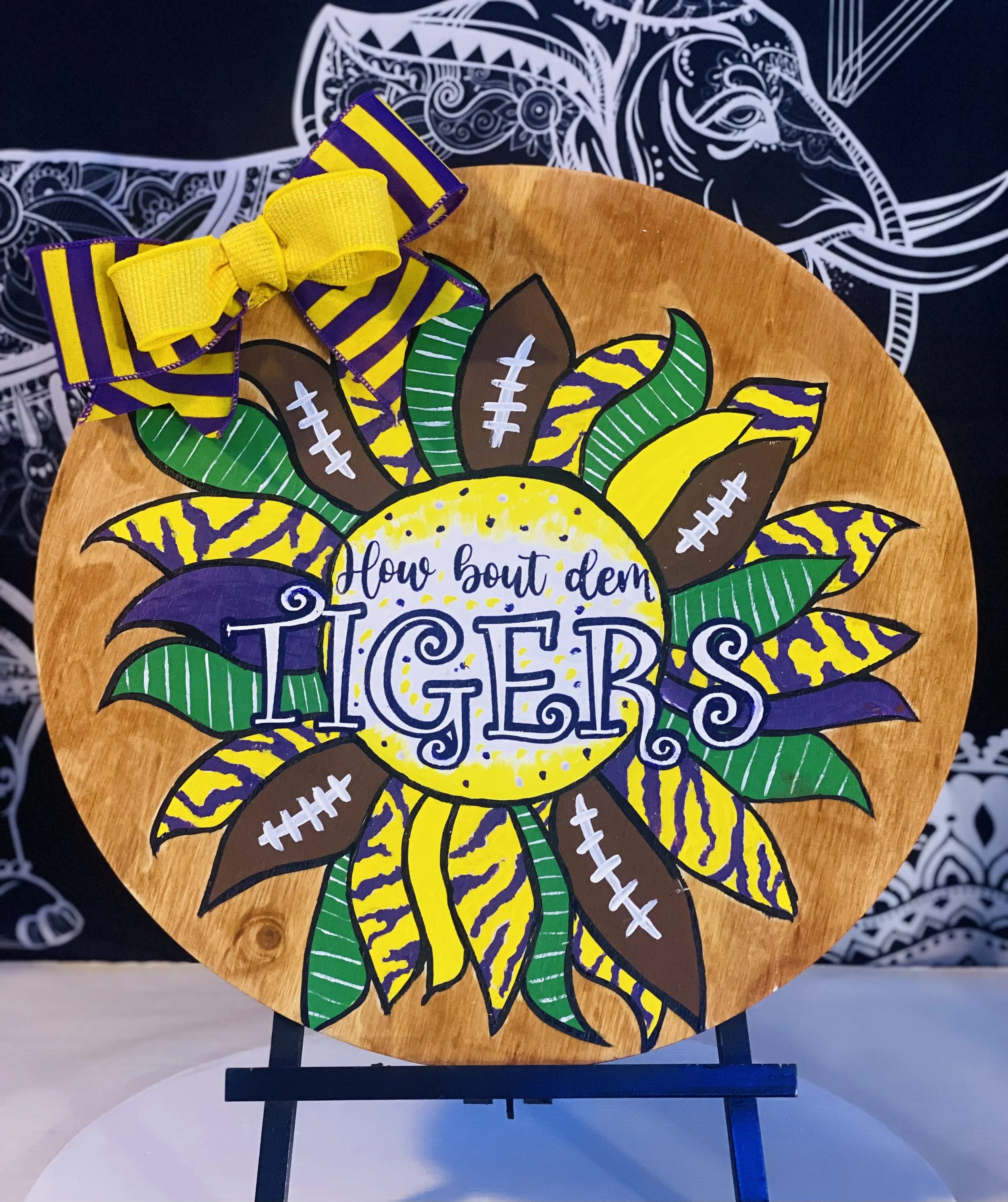 How ’Bout Dem Tigers Sunflower Door Hanger (16”)
