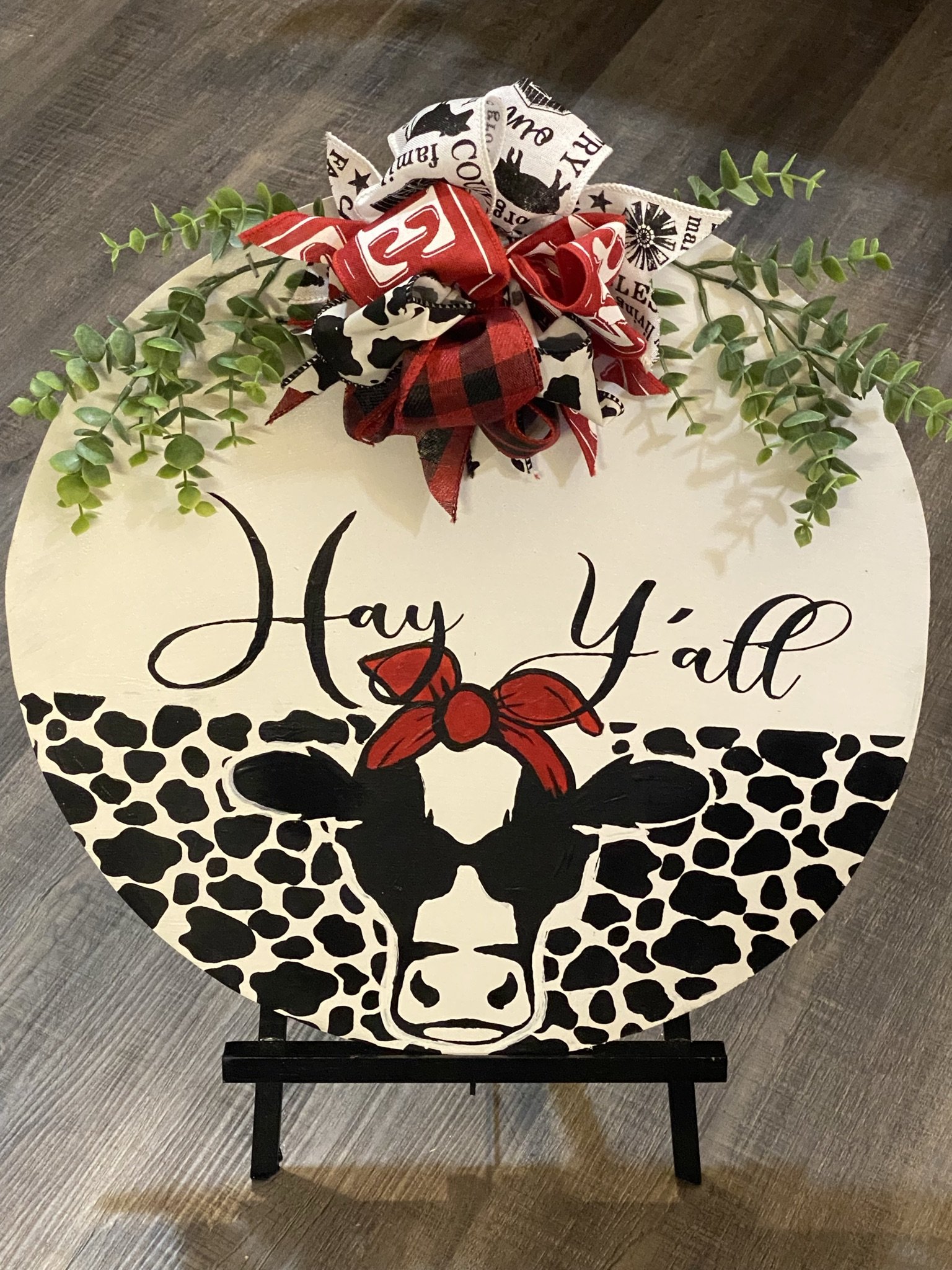 Hay Y'all Cow Print Door Hanger
