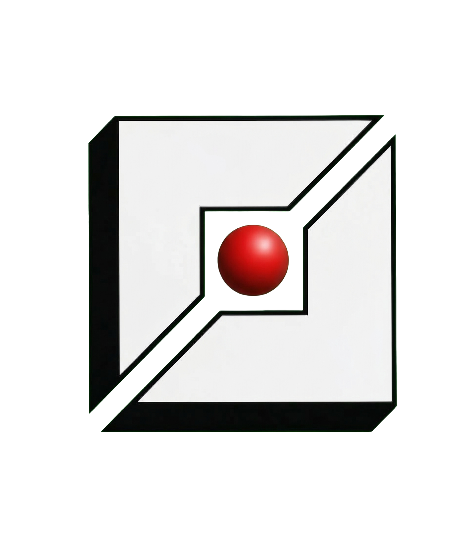 A black and white 3D geometric design with a red sphere in the center.