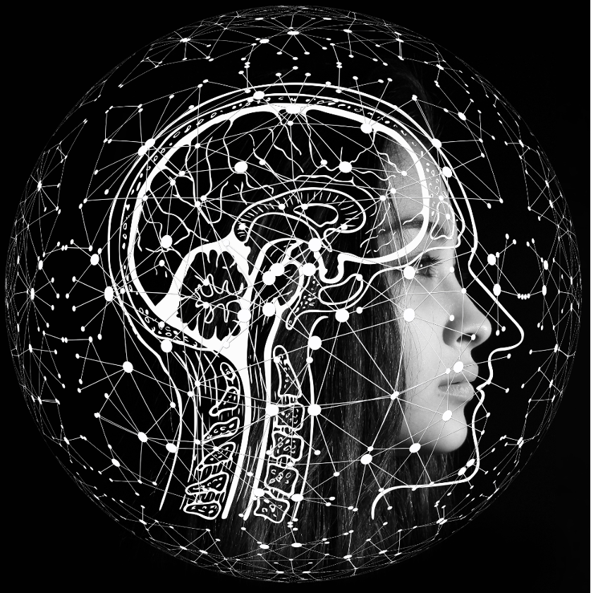 A side profile of a woman with a digital illustration overlay of a human brain, skull, and nervous system connected by a web of glowing dots and lines.