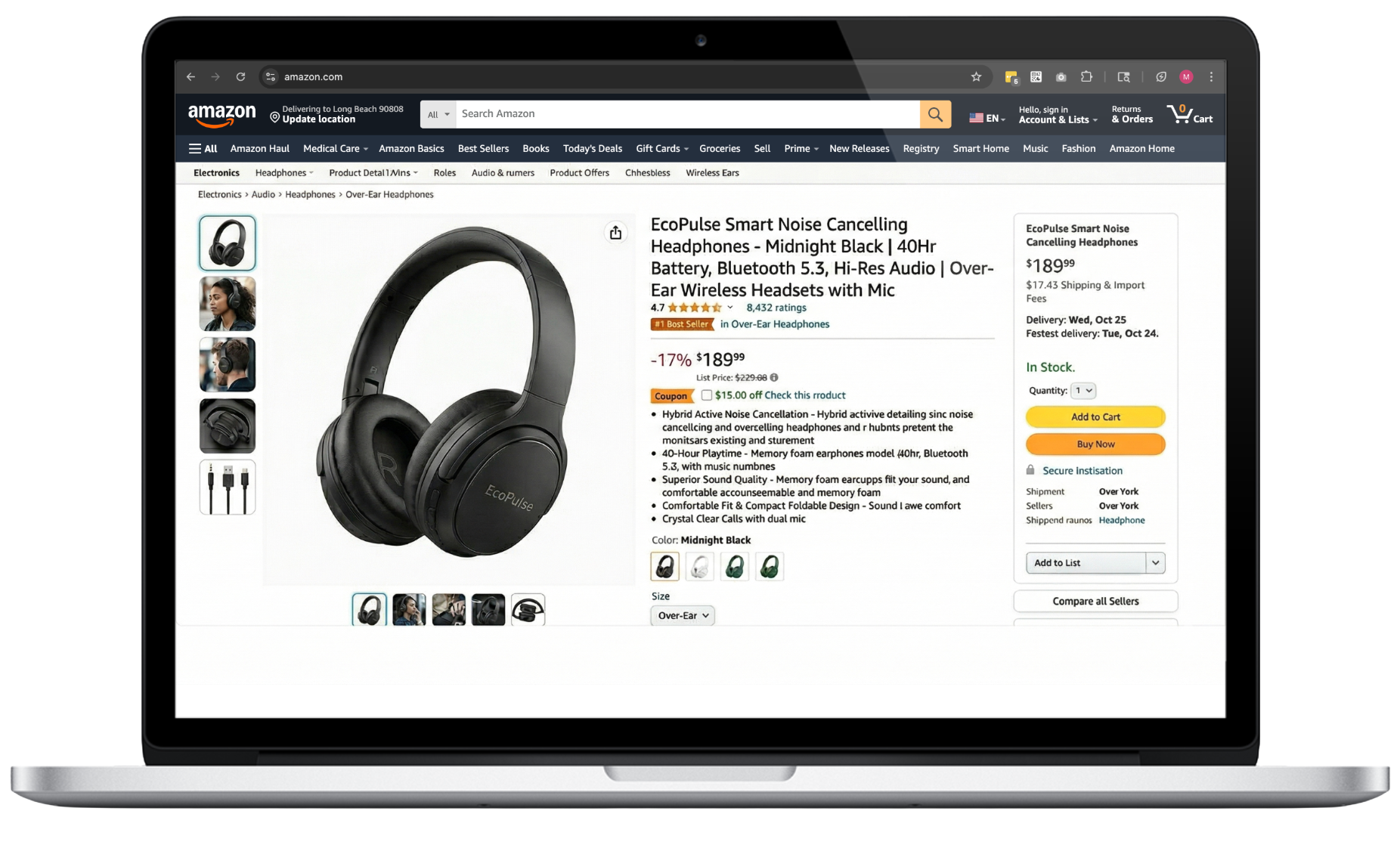 Amazon product page displaying EcoPulse wireless noise-canceling headphones in black, with related images on the left and purchase options on the right.