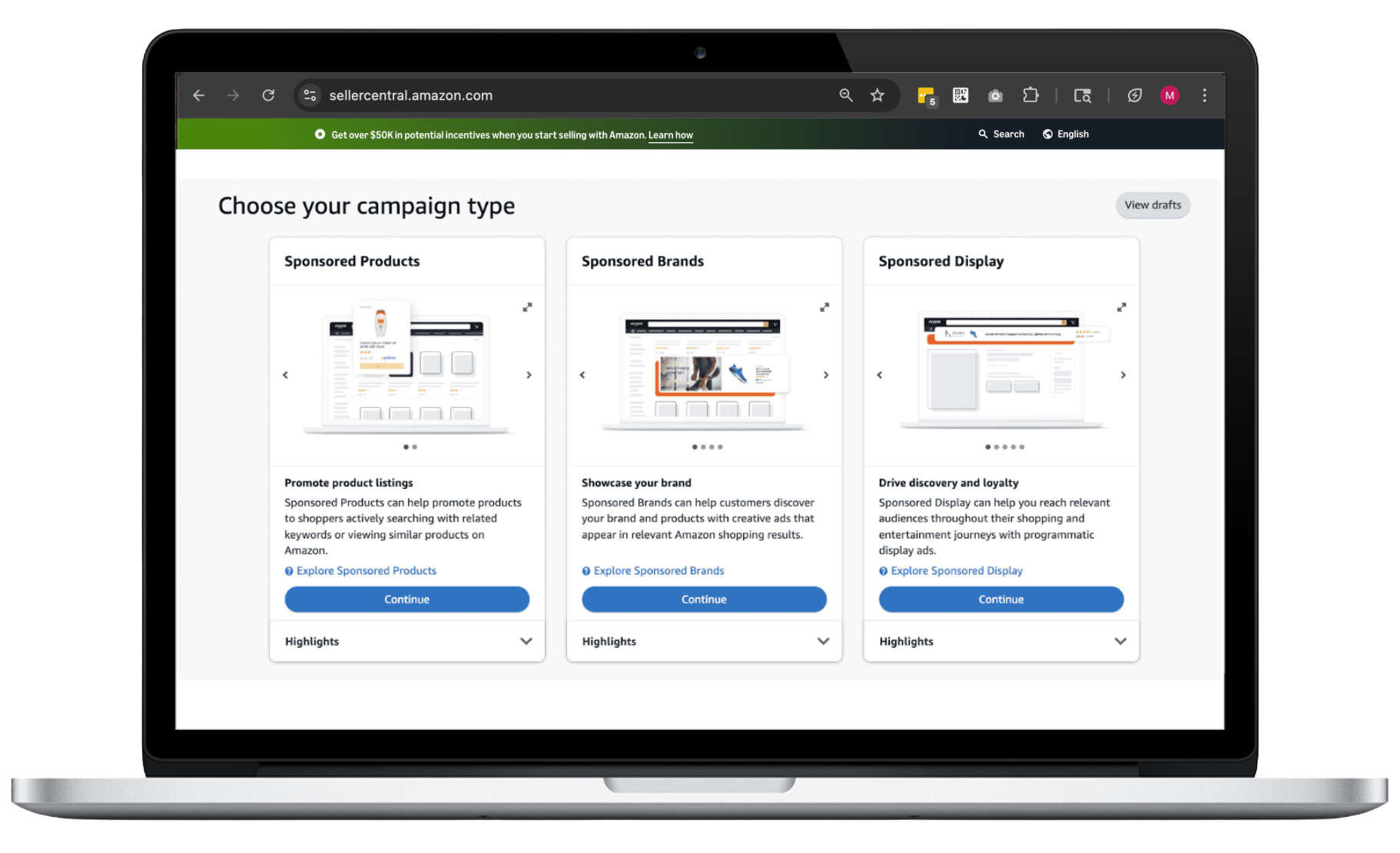 Laptop screen displaying Amazon Seller Central page with options for campaign types: Sponsored Products, Sponsored Brands, and Sponsored Display.