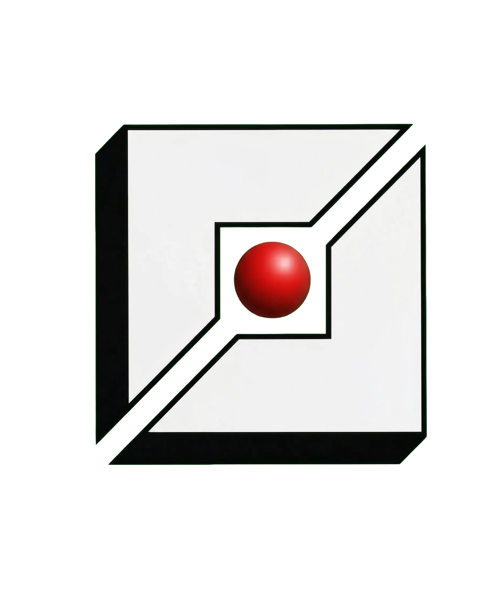 A 3D geometric design featuring a red sphere centered within black-lined white and green shapes on a black background.