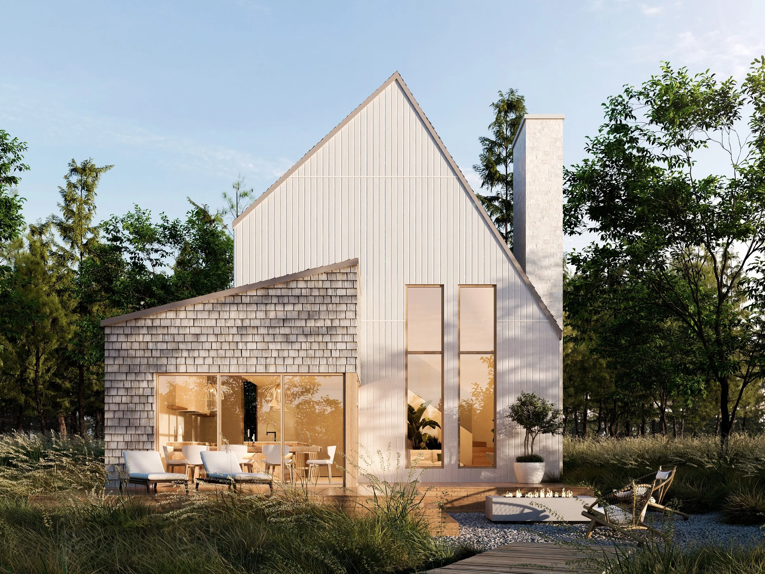 Maison moderne en bois avec grandes fenêtres, cheminée, terrasse extérieure, mobilier de jardin et feu de camp dans un jardin verdoyant.