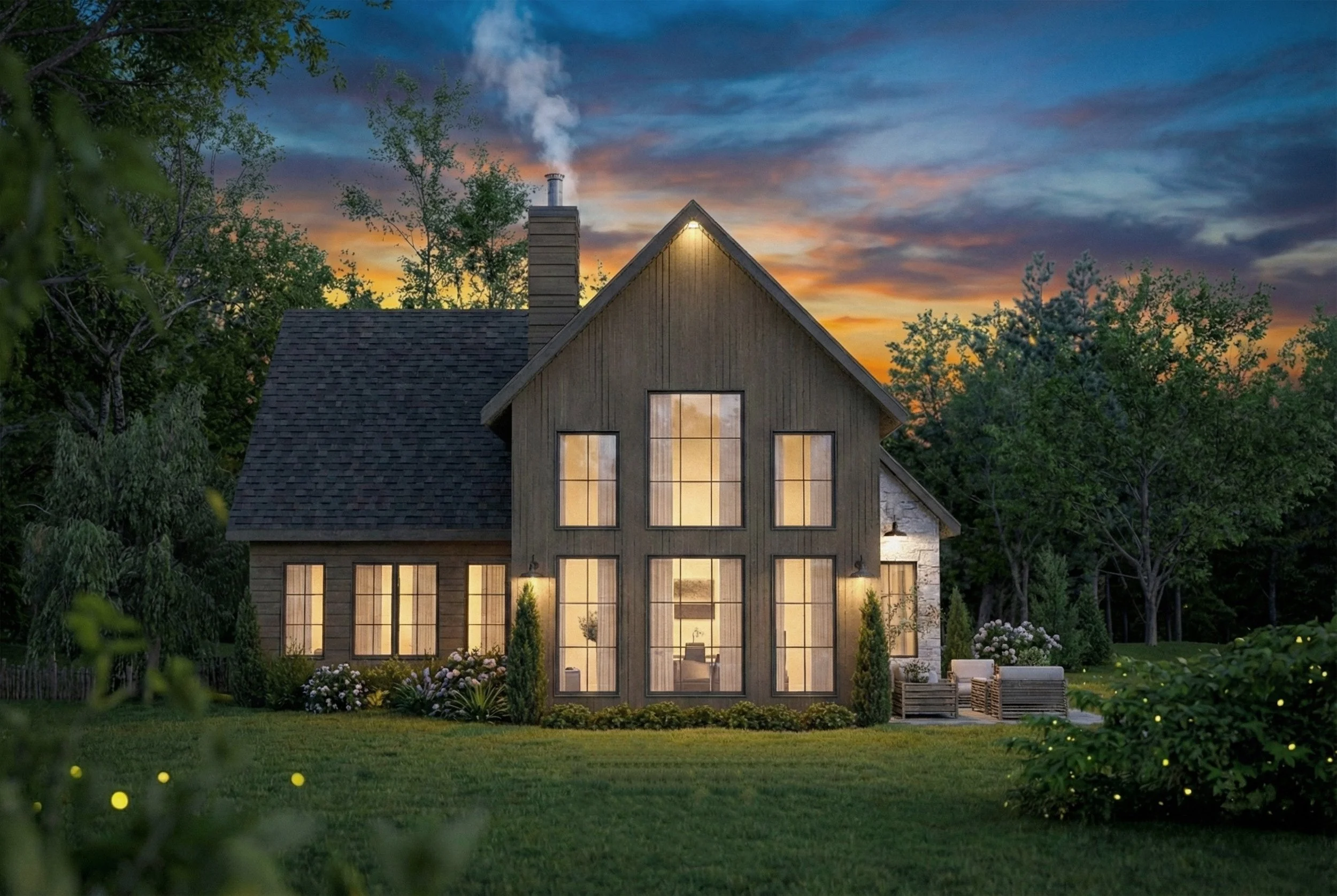 Modern house with large windows, filled with interior light, surrounded by greenery, set in the evening with a colourful sunset sky, in a well-maintened garden.