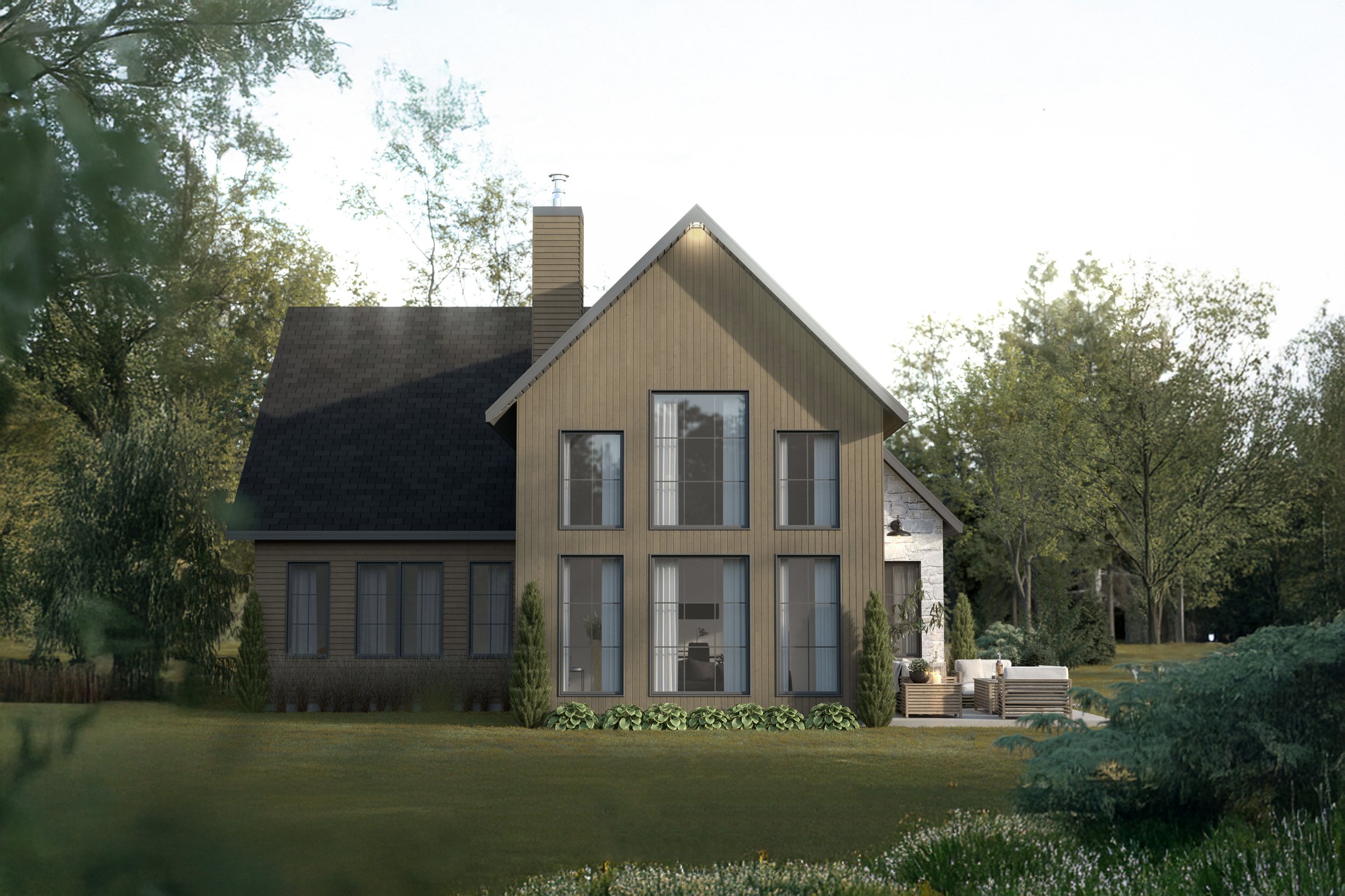 Maison moderne en bois avec de grandes fenêtres, entourée de verdure et d'arbres.