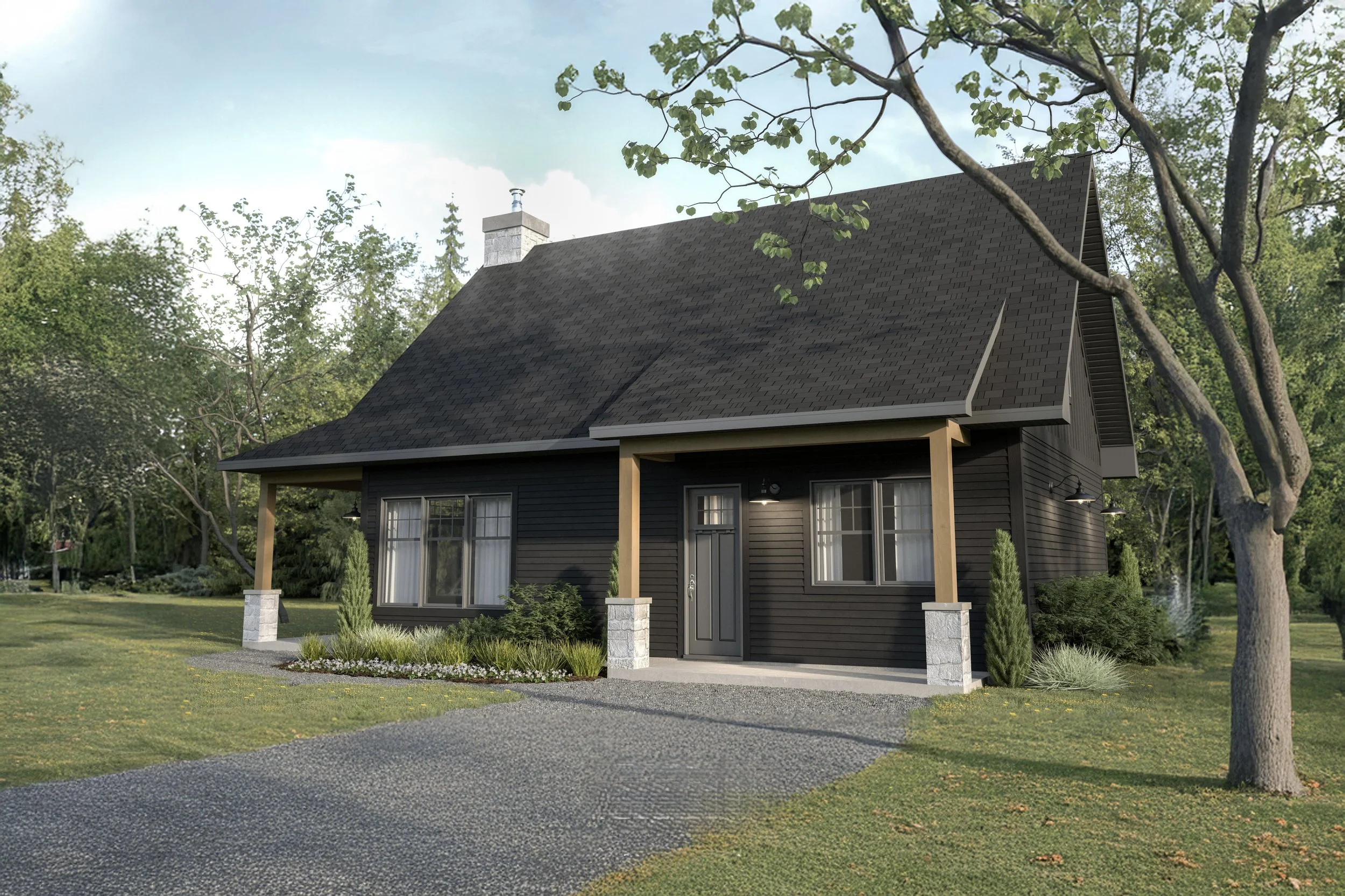 Une maison en bois noire avec un toit en shingles noirs, entourée d'arbres et de verdure, avec une allée en pierre menant à l'entrée.