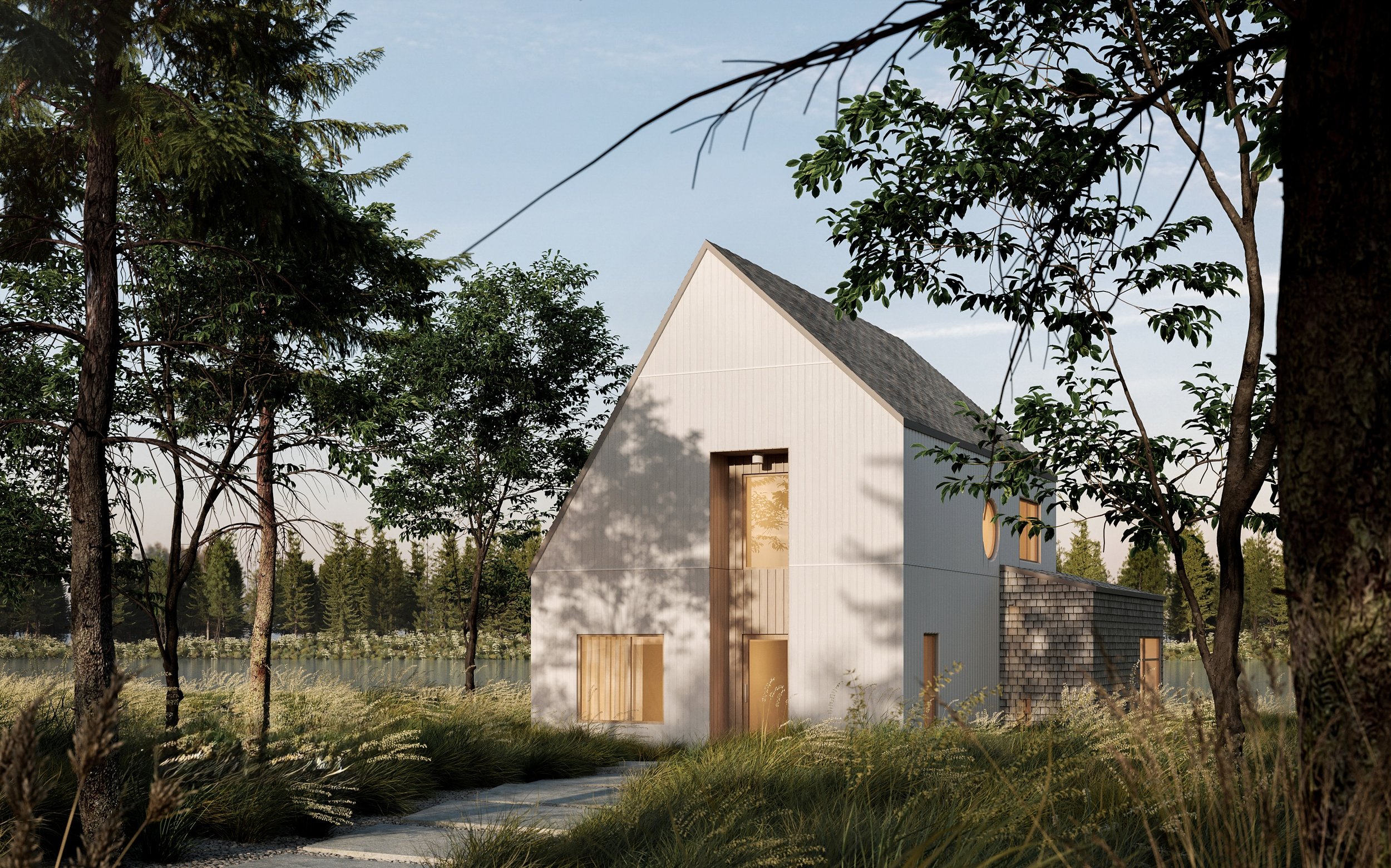 Une maison moderne en pleine nature, entourée d'arbres avec un ciel clair et une vue sur un lac ou étang.