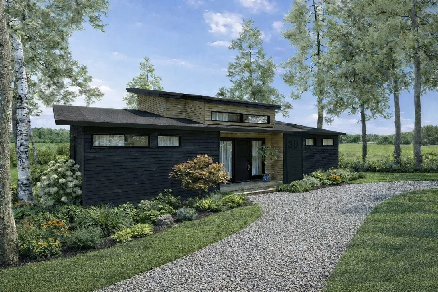 Maison moderne en bois noir avec entrée, entourée d'un jardin et d'arbres, sous un ciel bleu with quelques nuages.