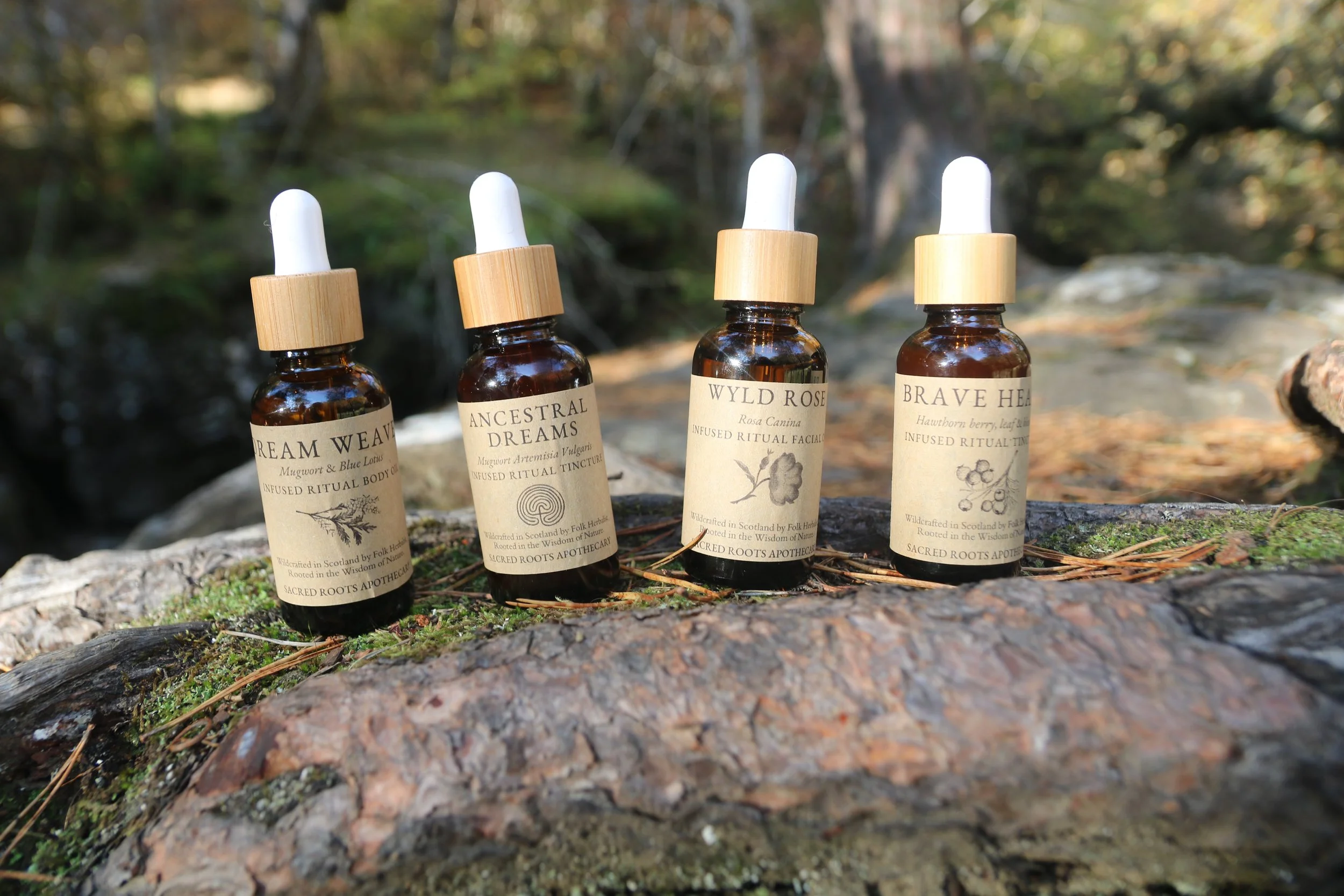 Four small bottles with dropper caps labeled with herbal and floral names, placed on a mossy rock outdoors with a blurred natural background.