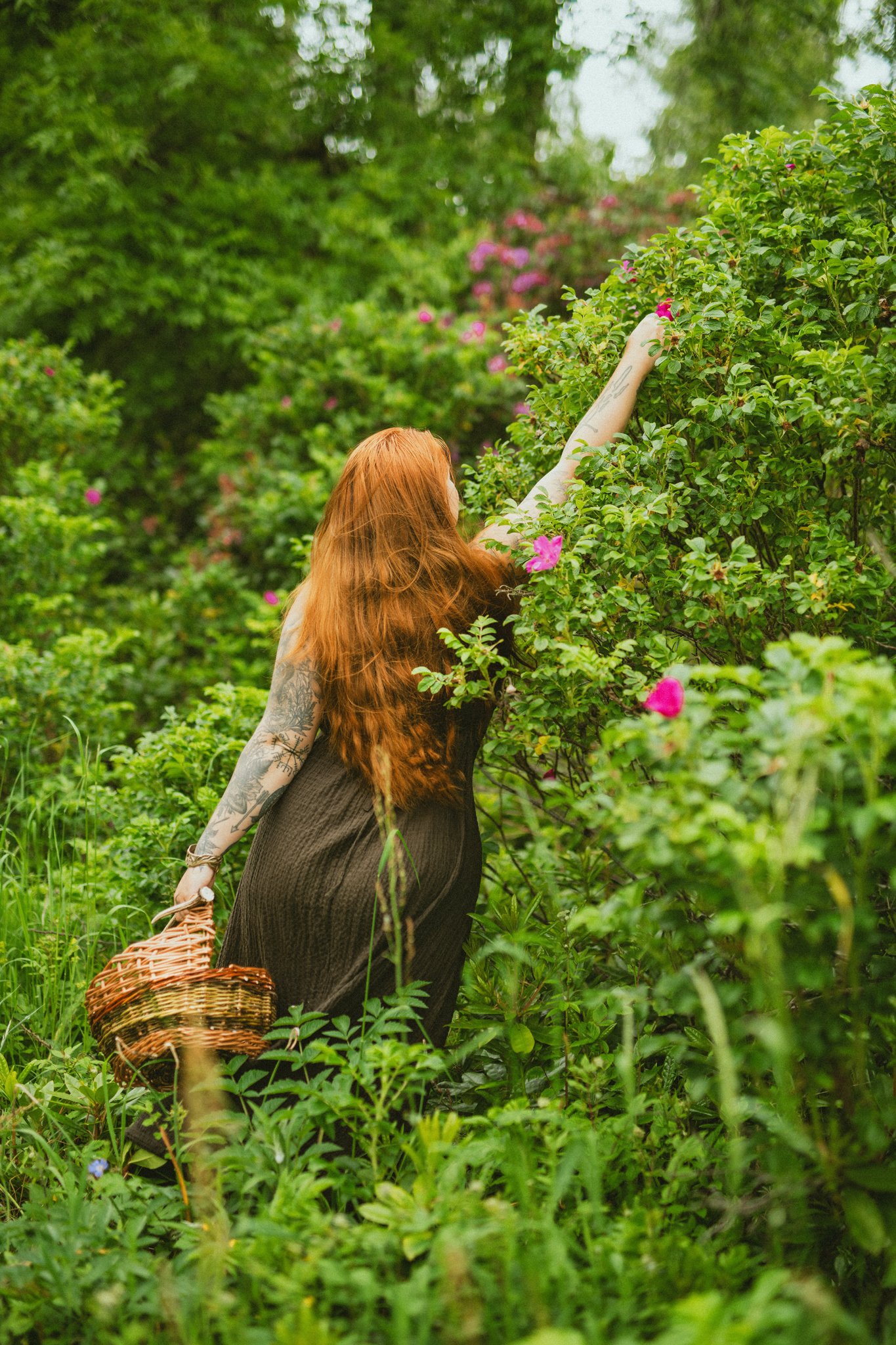 A woman with long red hair and tattoos on her left arm reaching for pink flowers on a green bush in a lush garden.