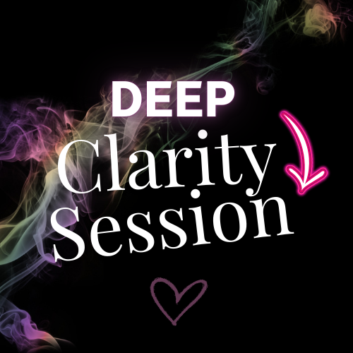 Text reading 'Deep Clarity Session' with a pink arrow and a heart on a dark background with colorful smoke effects.
