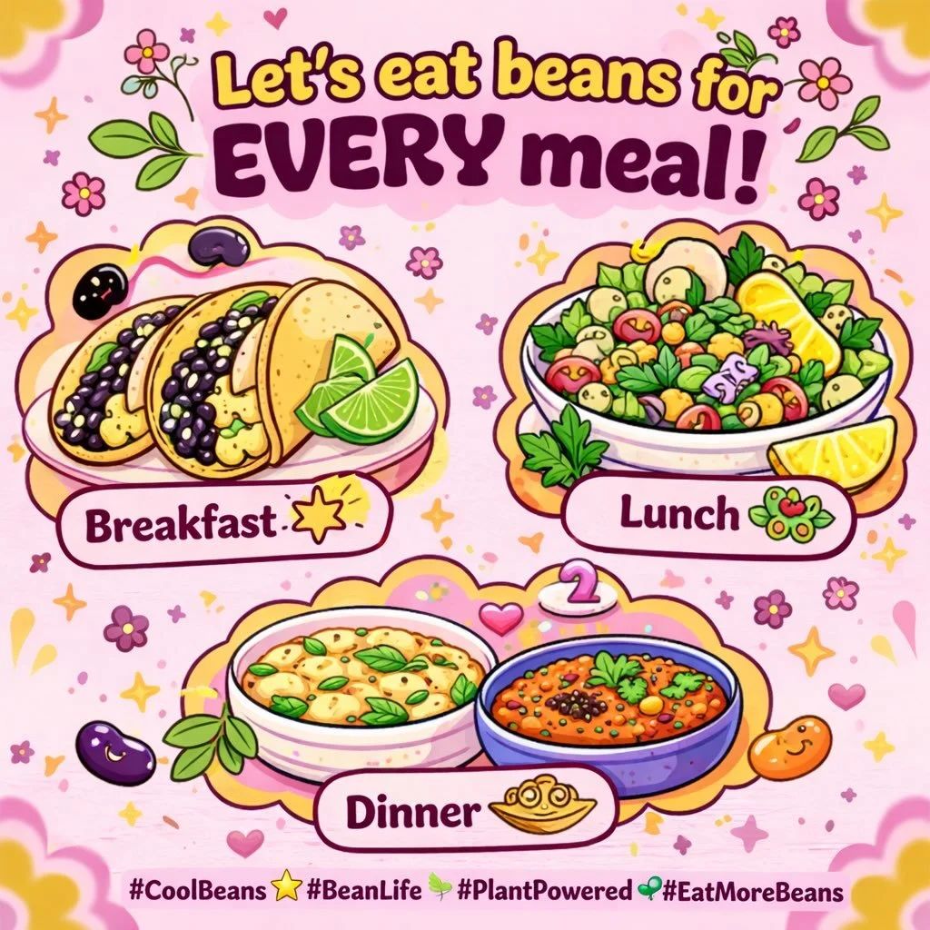 🌱✨ Let&rsquo;s eat beans for EVERY meal!

Seriously&hellip; beans all day = delicious, nutritious, and kind of iconic 💁&zwj;♀️
☀️ Breakfast Black bean breakfast tacos with eggs + avocado 🌮
🥗 Lunch Chickpea salad with crunchy veggies &amp; lemony 