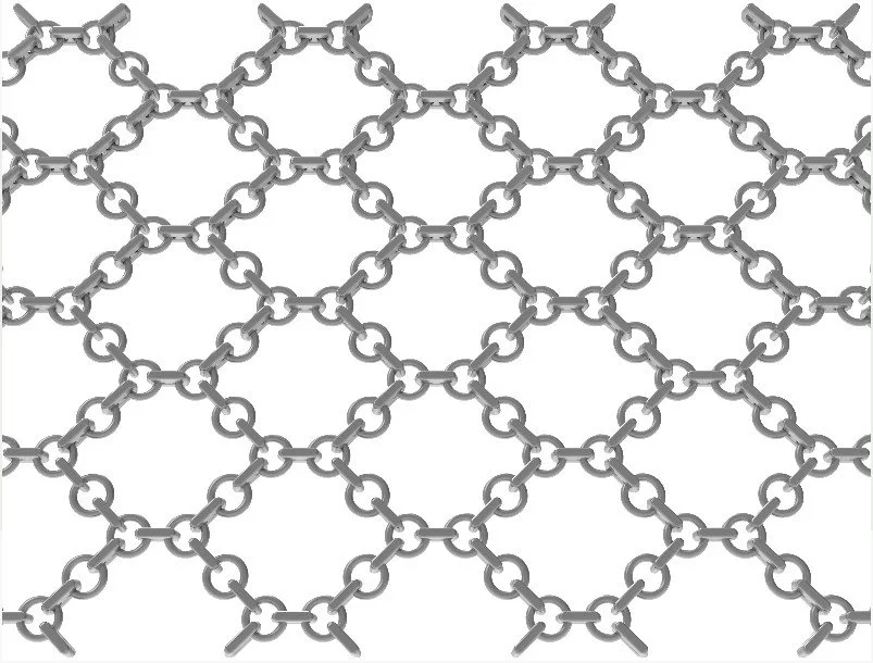 Multiple interlinked silver chains forming a pattern.
