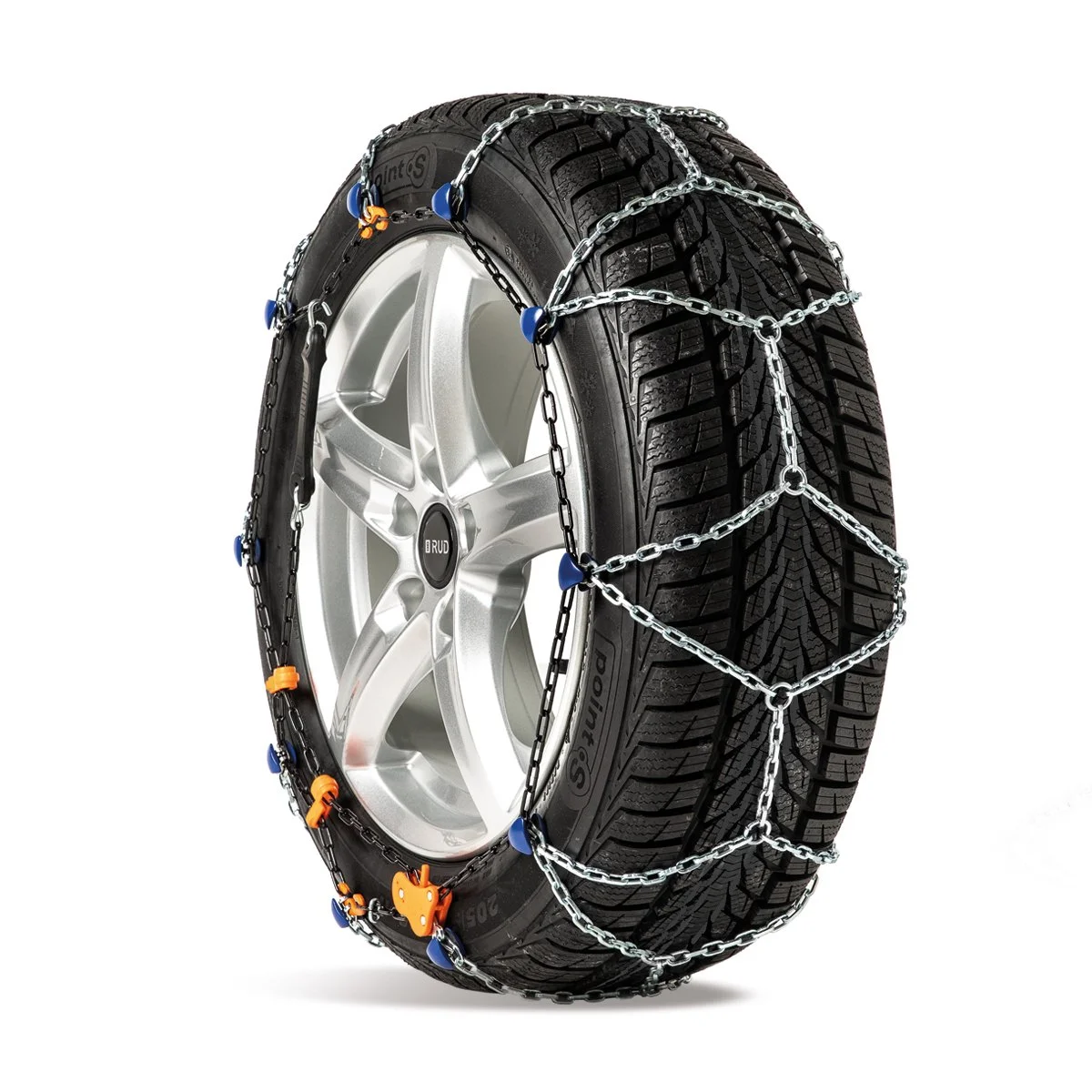 A tire with snow chains wrapped around it for winter driving.