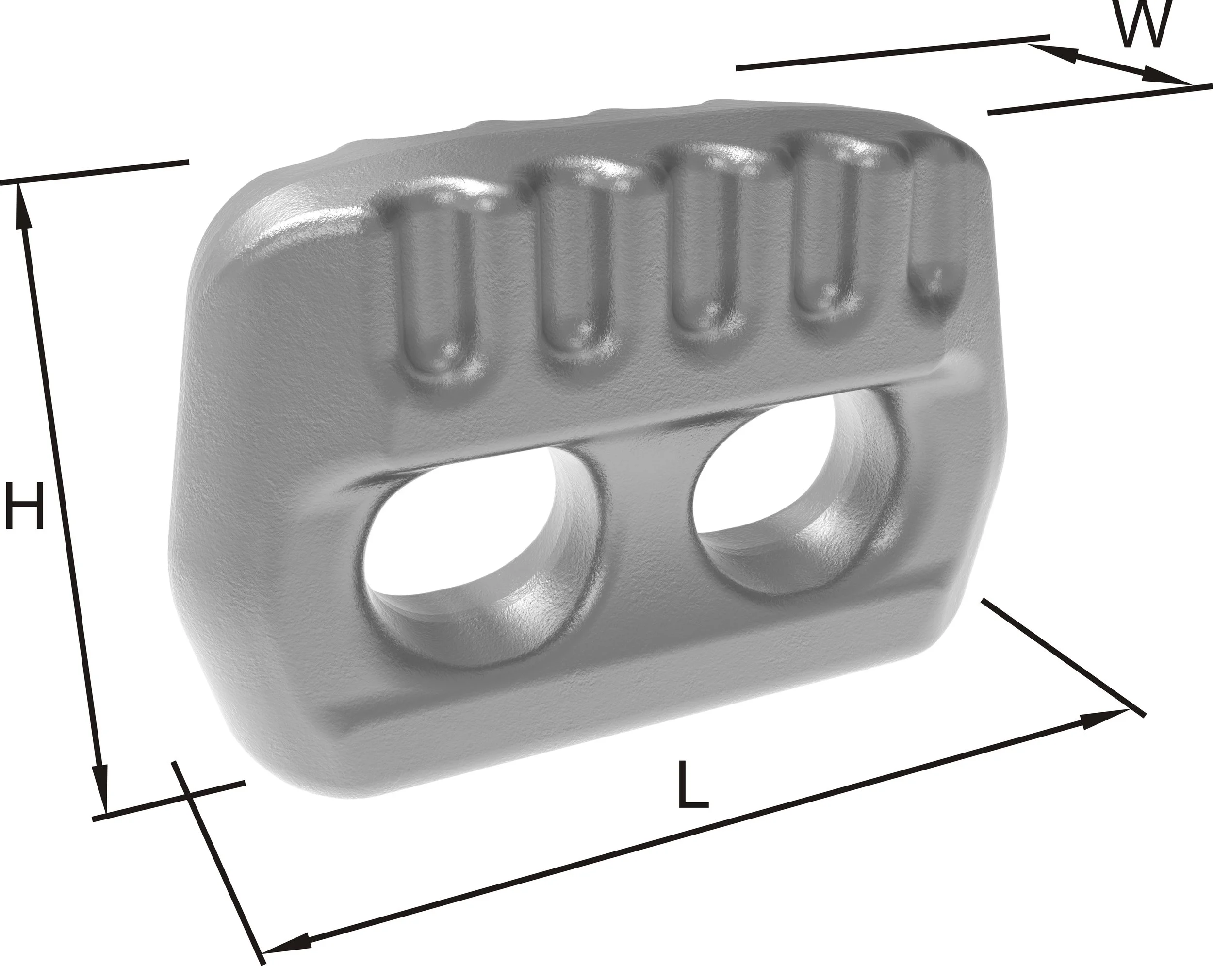 Gray metal object with two holes and four raised ridges on the top surface, measurements labeled as height, length, and width, with an arrow indicating the information is about the objects dimensions.