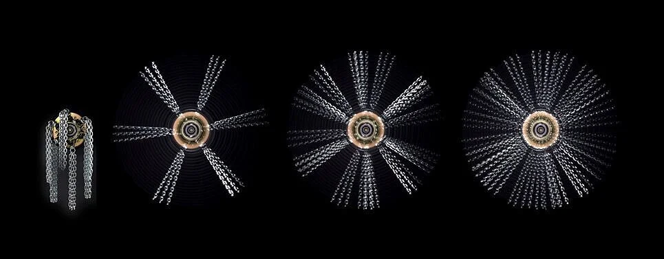 A jewelry piece on the left with hanging chains and clips, followed by four circular arrangements of white dots radiating outward on a black background.