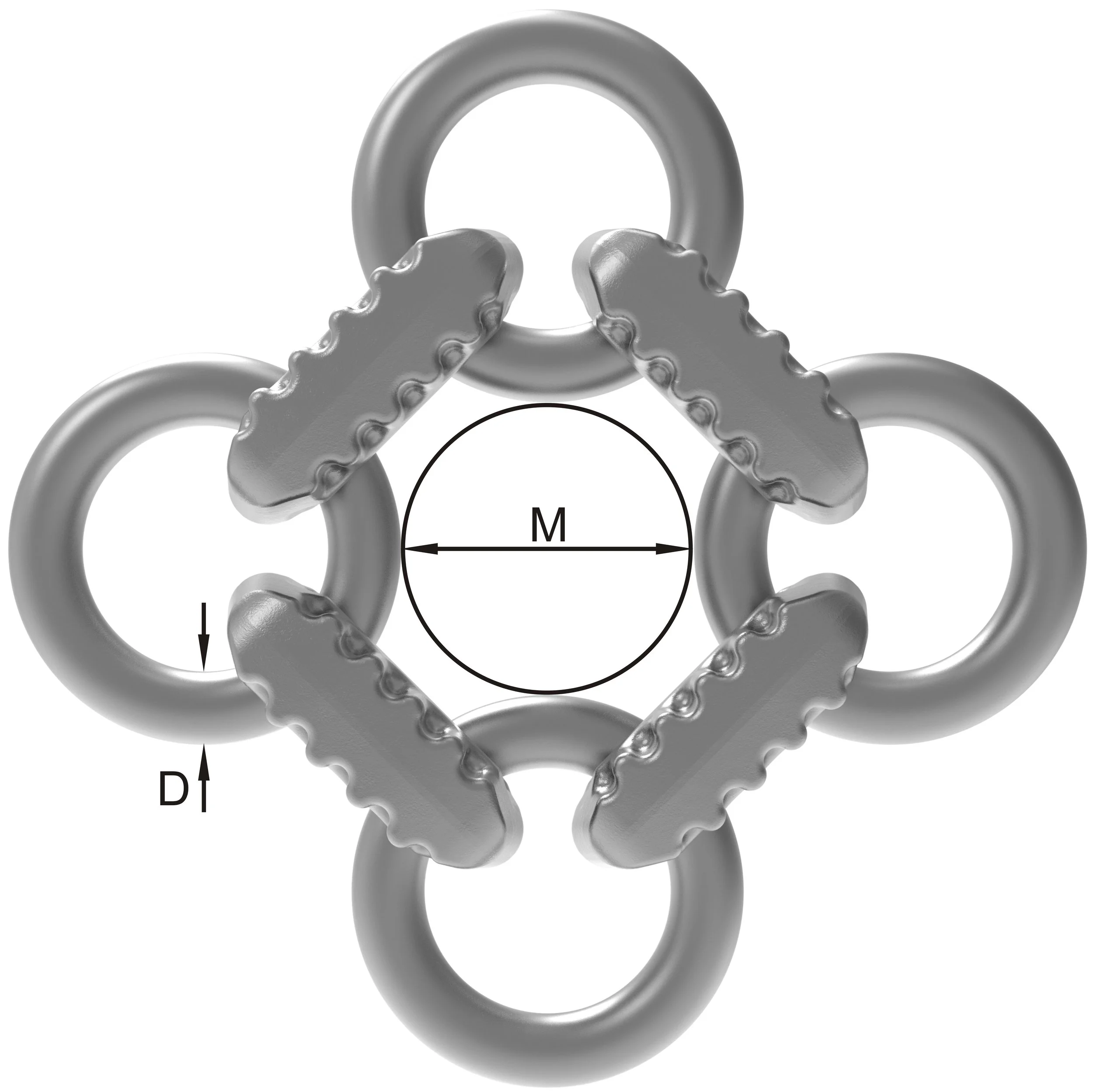 Mechanical quick links with textured pins, arranged in a circular pattern with a diagram showing the diameter D and the inside length M.