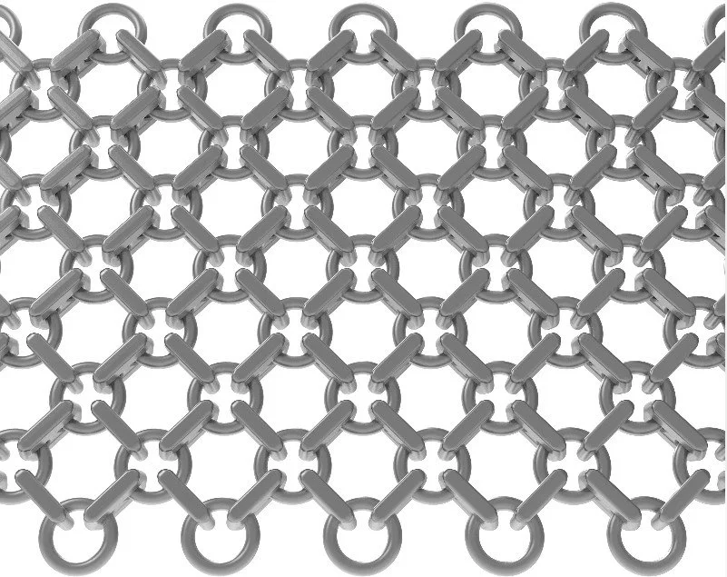 Close-up of a metallic chain-link fence with interlocking links in a uniform pattern.
