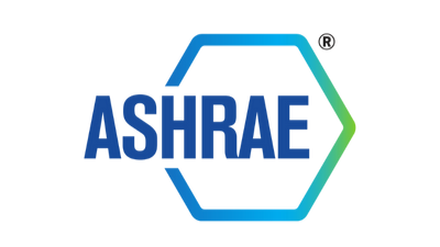 ASHRAE logo with blue and green outline of a hexagon and the word 'ASHRAE' inside in blue letters.