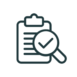 Icon of a checklist with a magnifying glass and a checkmark