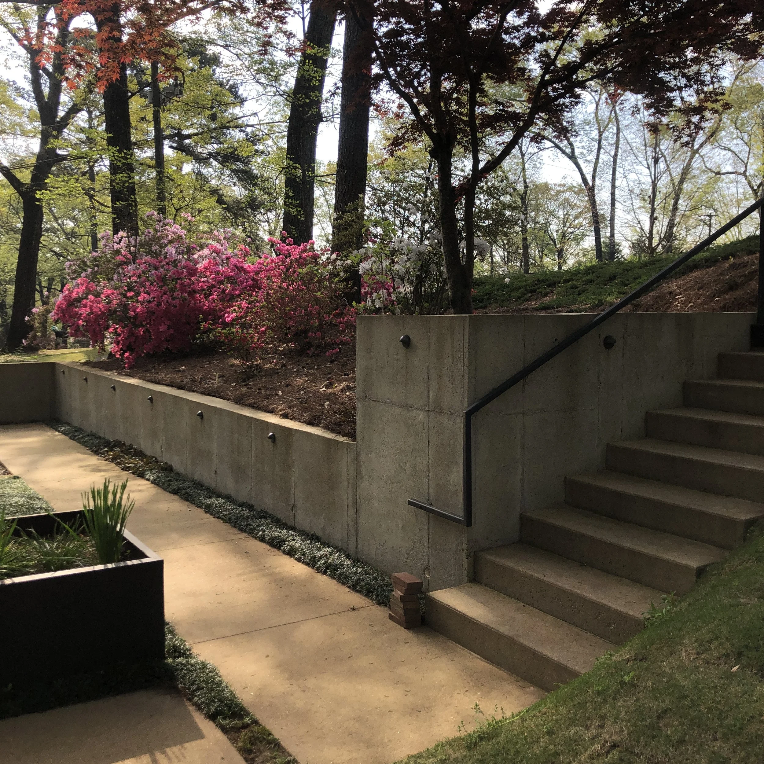 Concrete retaining wall built by Iron City Retaining Walls, residential retaining with black metal handrail next to a garden with pink and white azaleas, concrete stairs, in a wooded area with trees and sunlight filtering through.