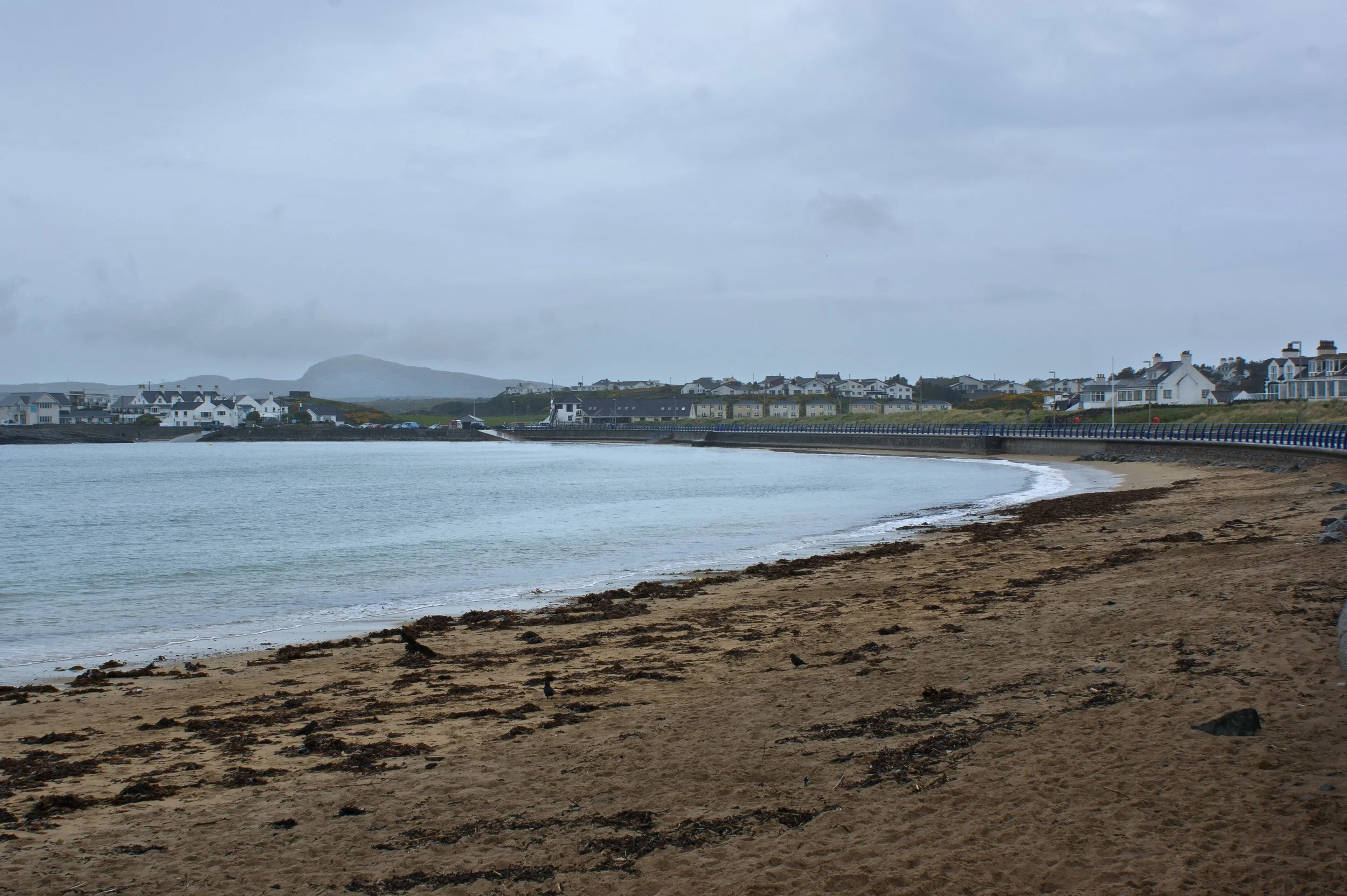 A sandy beach curving round a bay beneath a grey sky, with houses along the far shore