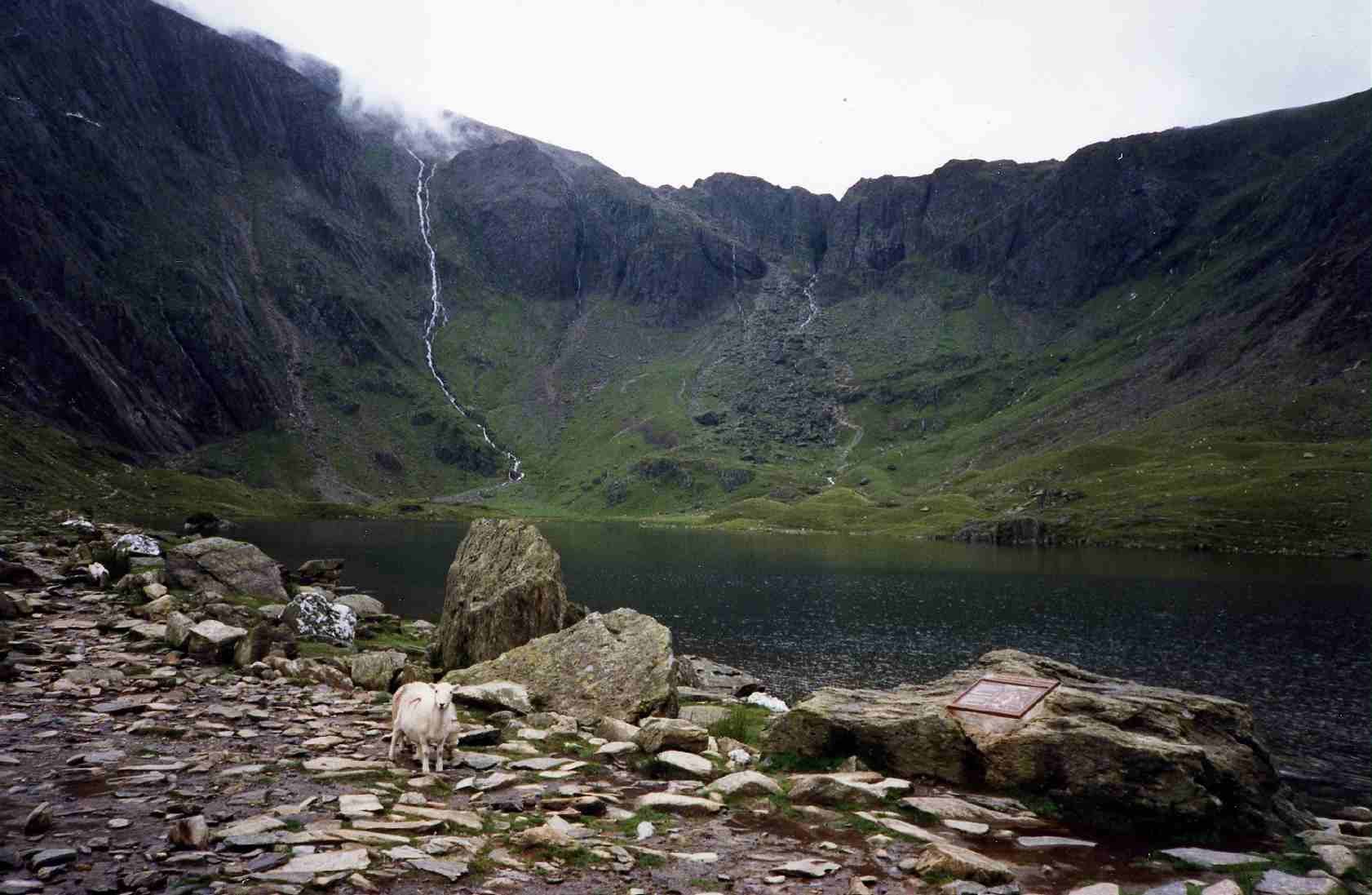 Cwm Idwal with Llyn Idwal below crags and a waterfall